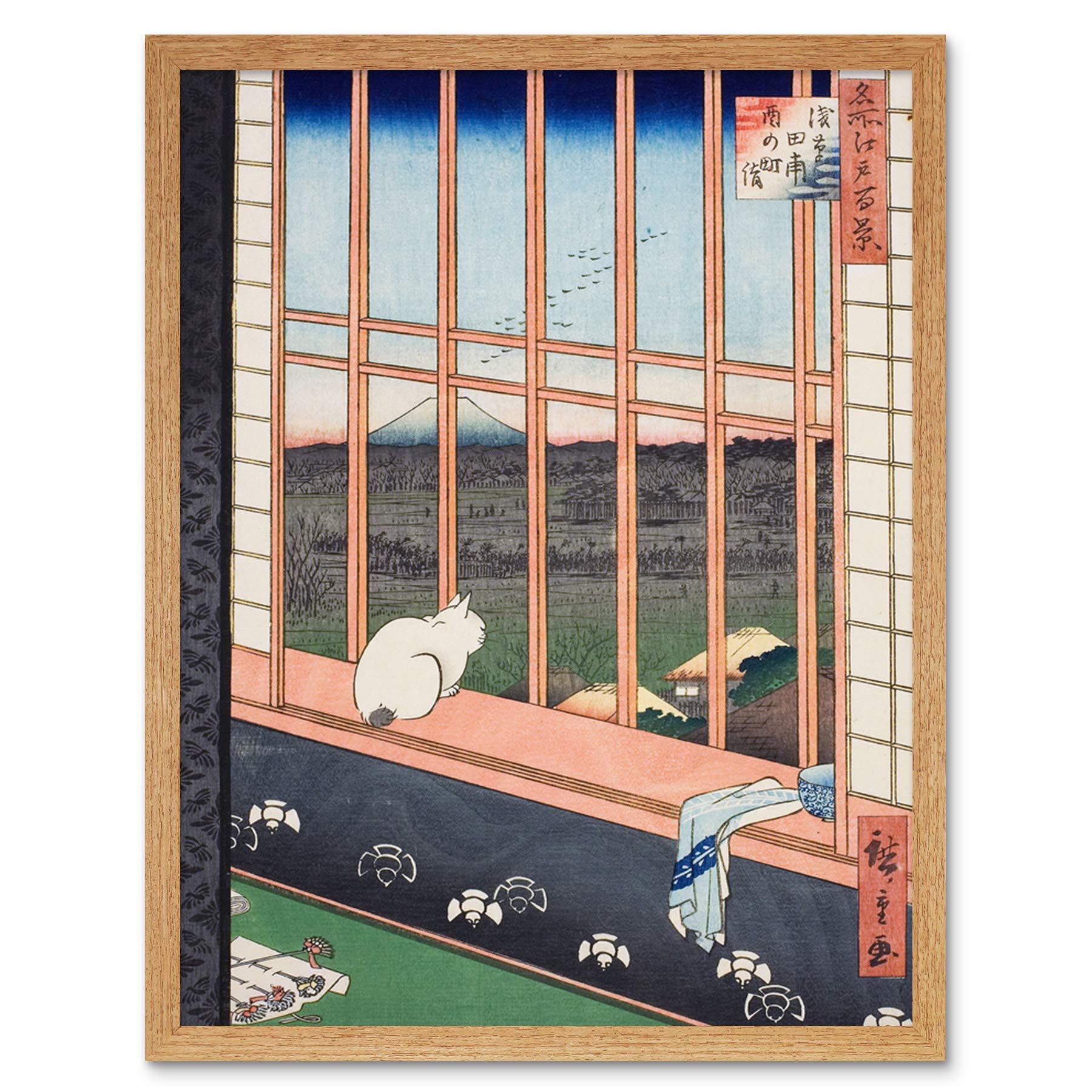Hiroshige Asakusa Fields 100 Views Edo Cat Vintage Japanese Painting Art Print Framed Poster Wall Decor 12x16 inch
