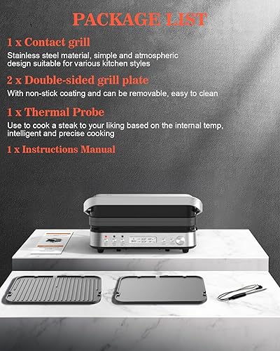 Miniatura 18 de CATTLEMAN Panini Grill Press Sandwichera con placas extraíbles, parrilla interior 6 en 1 y plancha eléctrica con termómetro para carne, placas