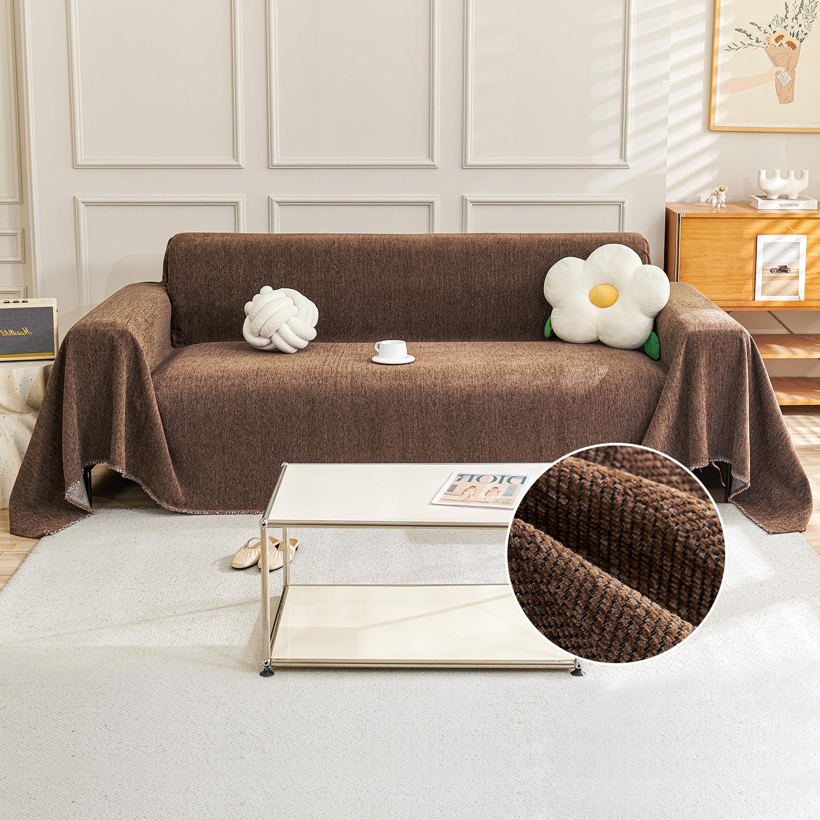 TAOTAOGO Sofa Cover 2 3 Seater Herringbone Chenille Corner Sofa Slipcover Washable L Shape Sofa Covers Sectional Couch Cover with Tassel Furniture Protector Loveseat Futon Cover B Coffee 180x300cm