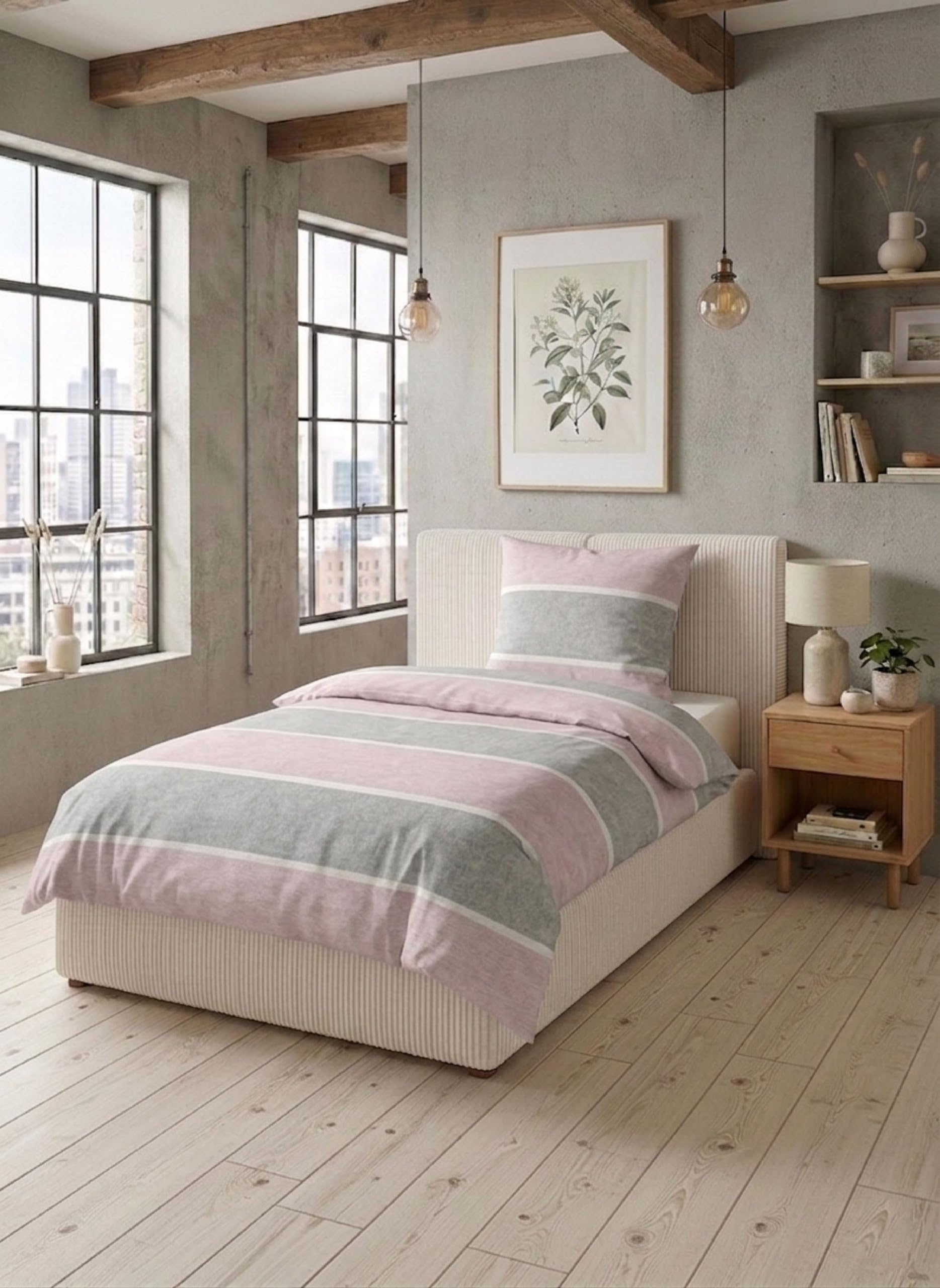 biberna Premium Melange-Flanell Bettwäsche 155x220 cm rosa | Biber 2-teilig mit Kissenbezug 80x80 cm | 100% Baumwolle | wärmend & weich | Reißverschluss | Winterbettwäsche | Streifen | Modell 0840506