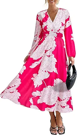 PRETTYGARDEN Women's Floral Midi Dress Casual Fall V Neck Long Sleeve Flowy Spring Beach Wedding Guest Vacation Dresses