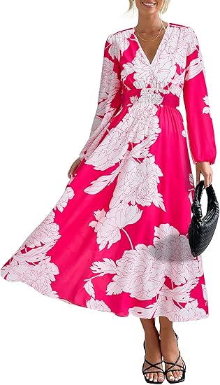 PRETTYGARDEN Women's Floral Midi Dress Casual Fall V Neck Long Sleeve Flowy Spring Beach Wedding Guest Vacation Dresses