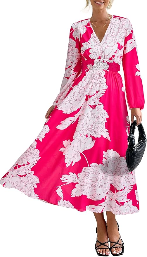 PRETTYGARDEN Women's Floral Midi Dress Casual Fall V Neck Long Sleeve Flowy Spring Beach Wedding Guest Vacation Dresses