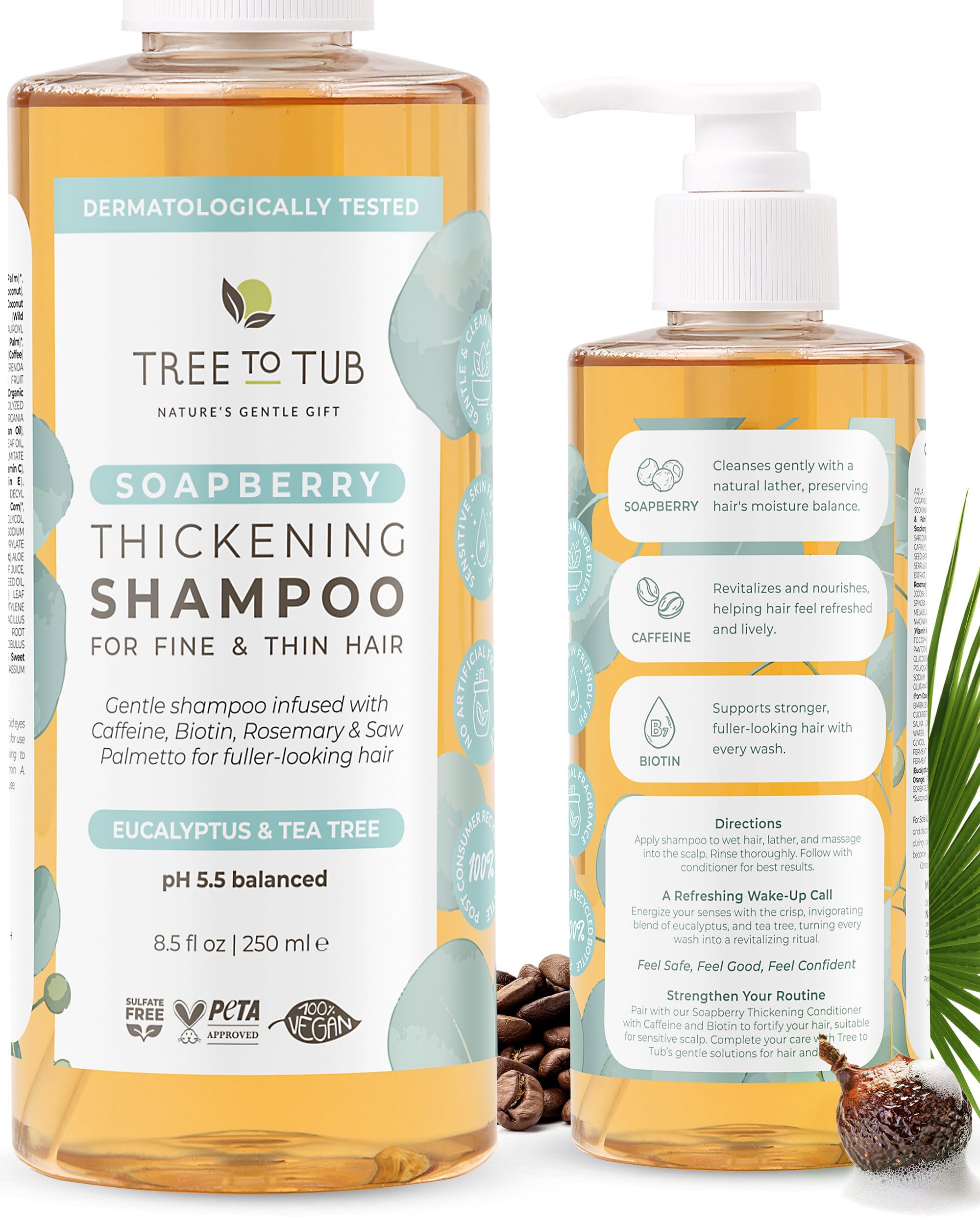 Tree To Tub Biotin Szampon zagęszczający do włosów, dla grubszych i pełniejszych objętości, delikatny szampon z olejkiem arganowym bez siarczanów, dla kobiet i mężczyzn, z kofeiną, organiczna palma do
