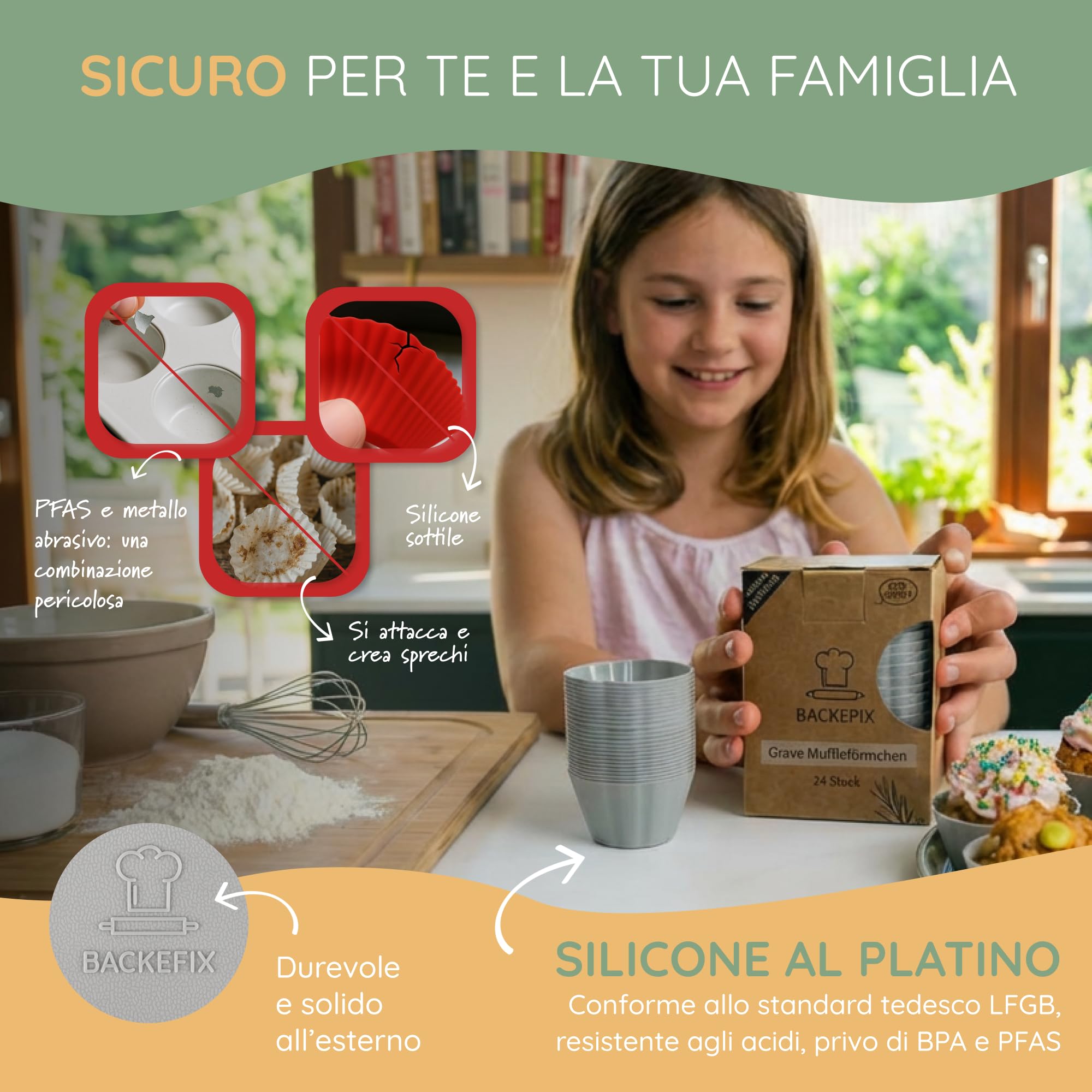 Backefix Stampi per muffin riutilizzabili in silicone senza BPA, in set da 24 pezzi, conformi agli standard tedeschi, antiaderenti senza grassi, stabili e spessi, stampi per muffin singolarmente da