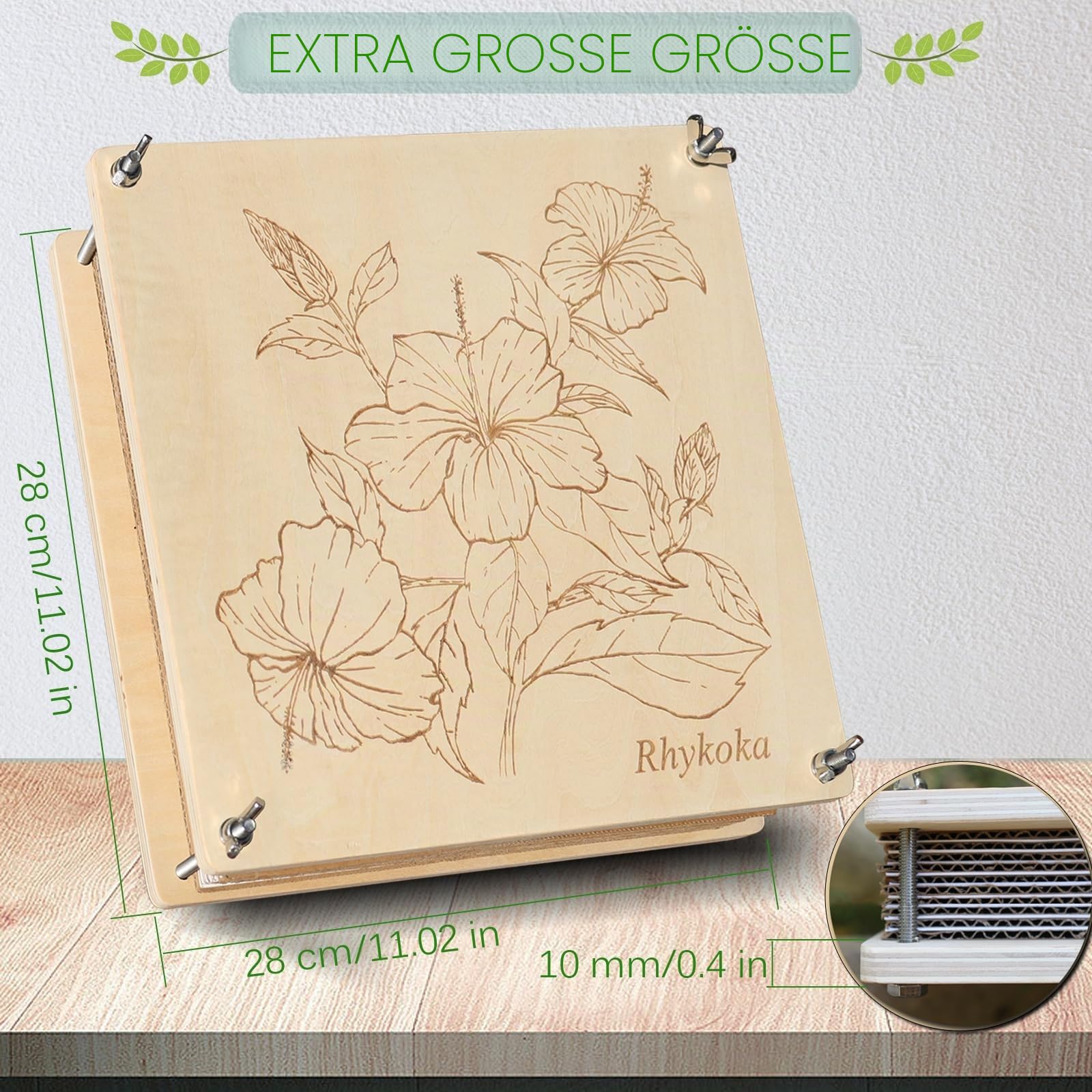 Rhykoka Extra große Blumenpresse, 10 Schichten, 28 x 28 cm, Holzblumen-Pressset für Erwachsene, mit Aufbewahrungstasche, Geschenk für Bastel-Liebhaber (Holz)