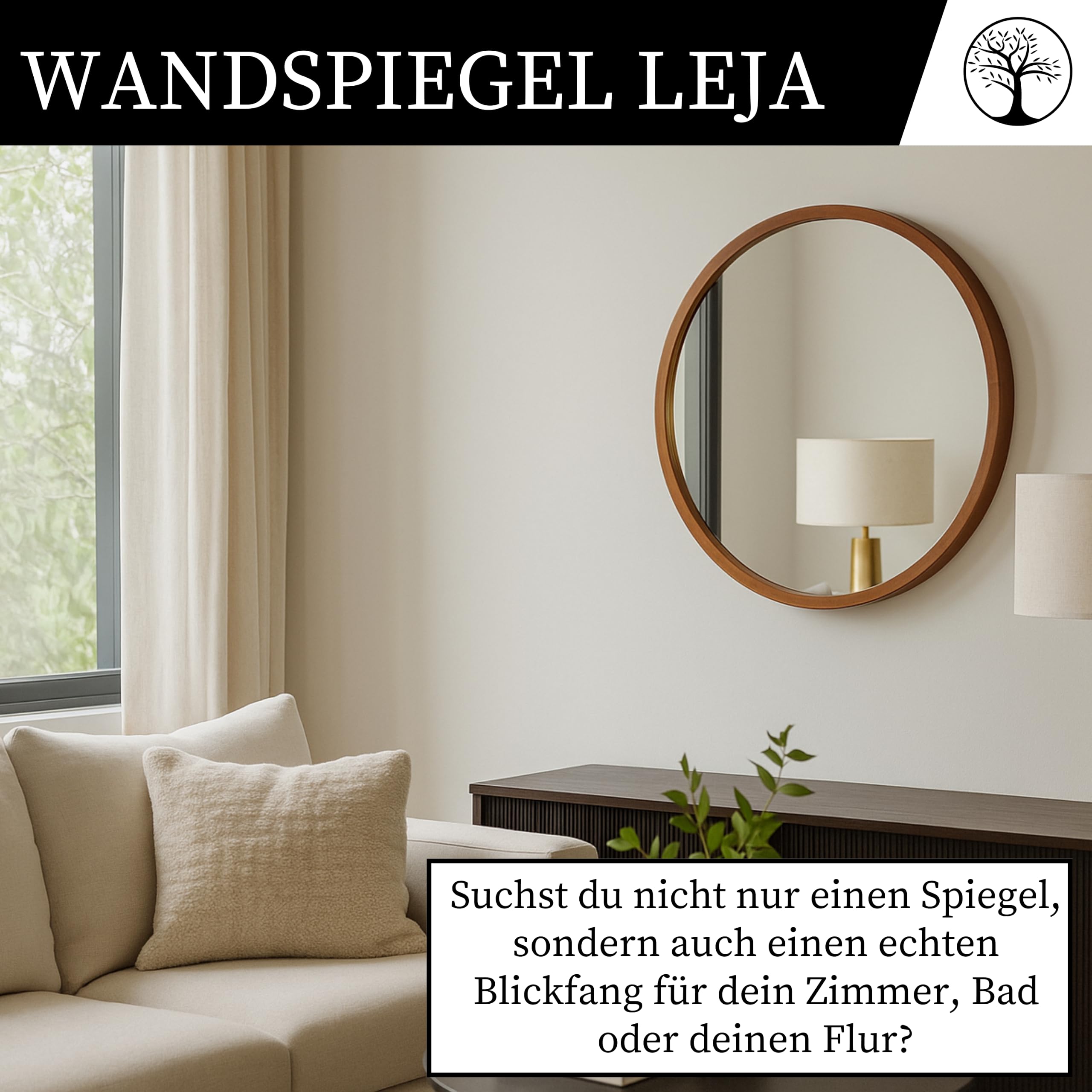 Wandspiegel mit Holzrahmen (∅57 cm) - Spiegel Rund Holz Rustikal - Runder Bad Spiegel für Badezimmer, Flur, Wohnzimmer, Schlafzimmer - Stilvoller 60 cm Badspiegel LEJA