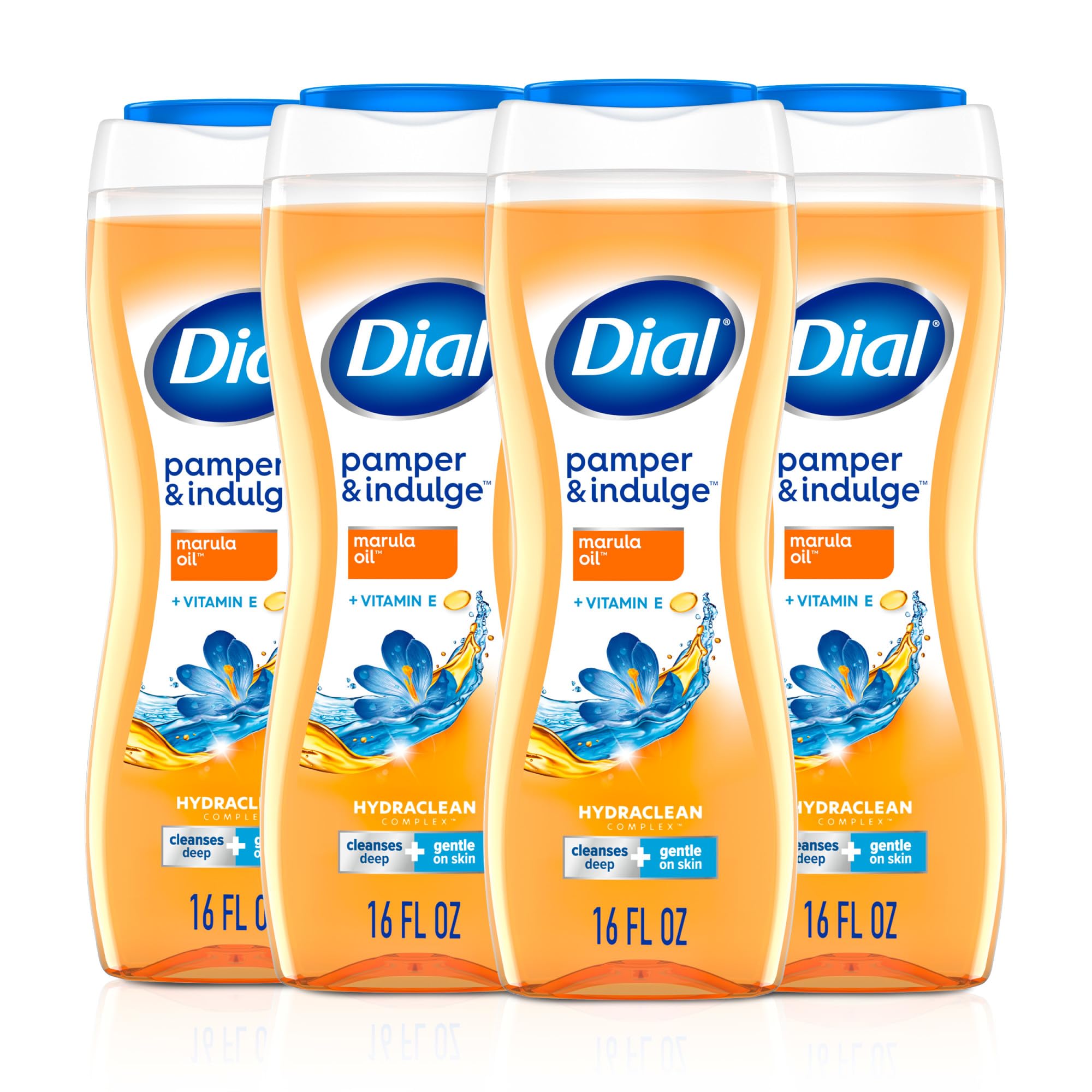 Dial Body Wash, Pamper & Indulge Marula Oil, 16 Fl Oz (Pack of 4), Hydraclean Complex & Vitamin E, Gentle, Leaves Skin Feeling Nourished, Dermatologist-Tested, No Parabens & Sulfates