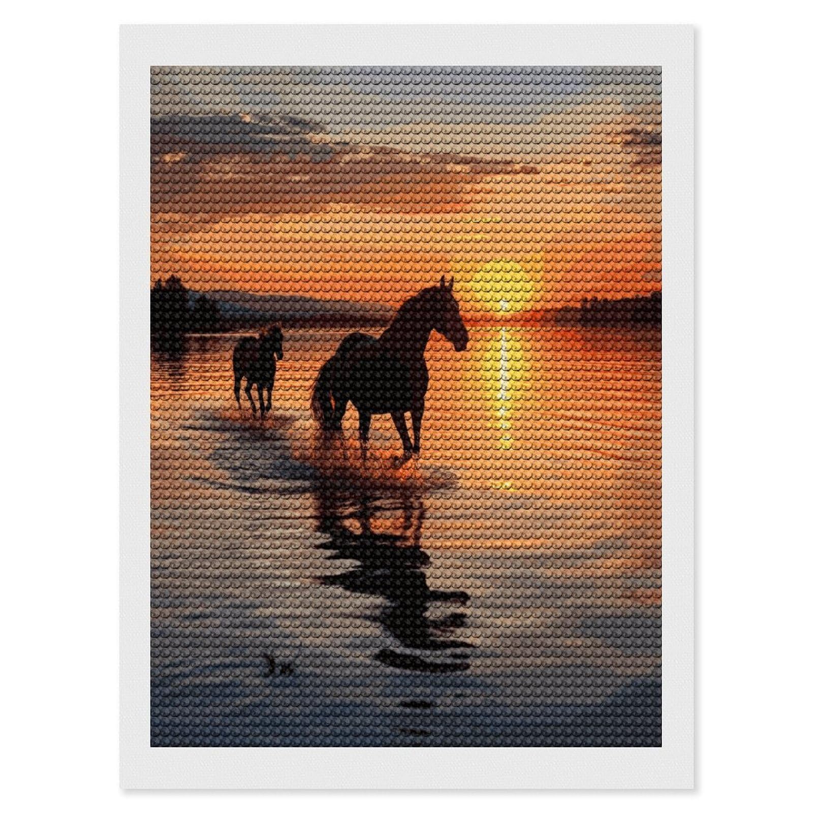 JTREHY Sunsets Lake Horses Diamond Art Kits Personalized DIY Round Diamond Painting Kits for Beginner Full Drill Diamonds Dots Paintings for Adults Gem Art Crafts Home Decor