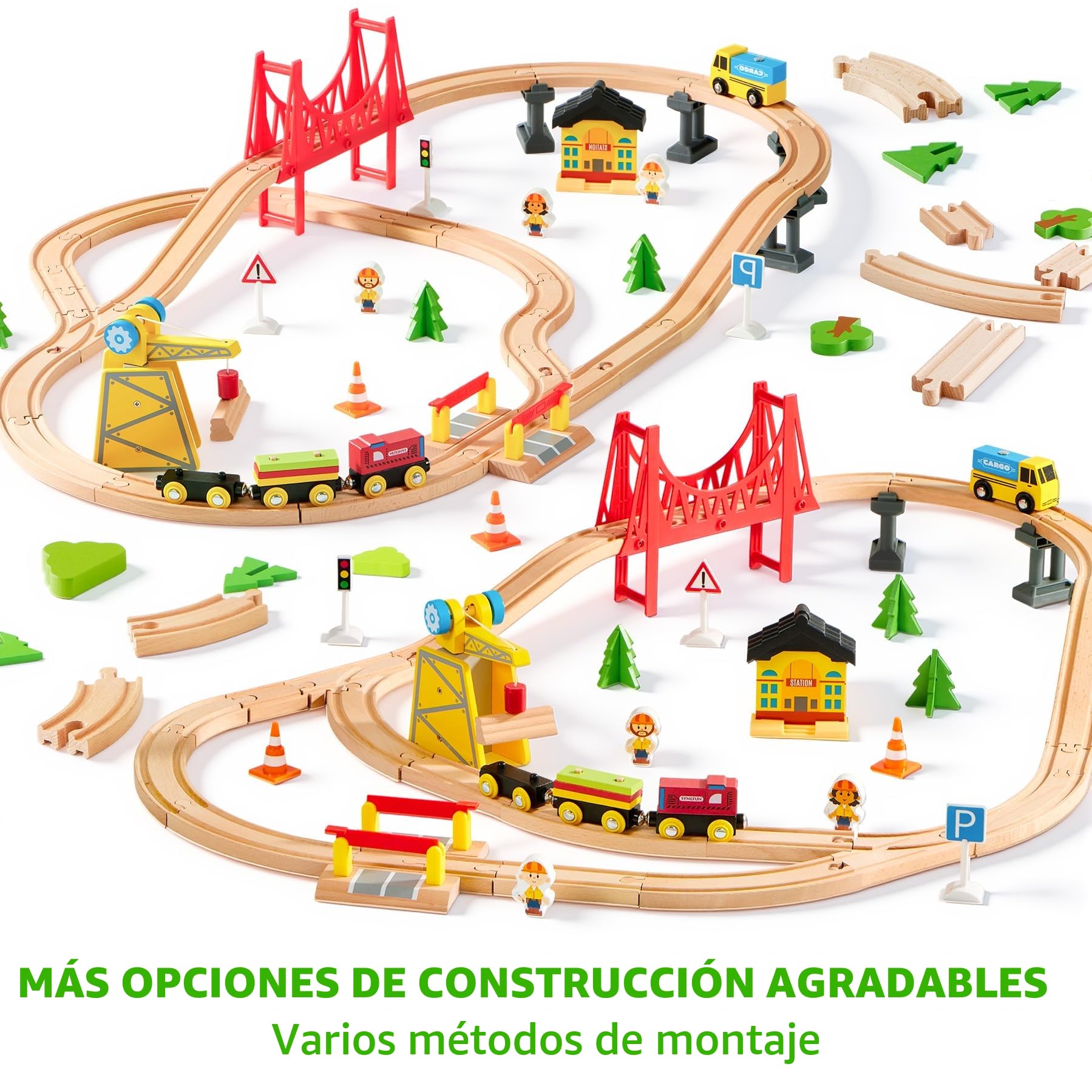 SYNCFUN 60 Piezas Tren Madera Juguete Montessori para Edades de 3 4 5 6 7 Años, Tren de Construcción, Ferrocarril de Ingeniería con Grúa Magnética, Trenes y Accesorios, Regalo para Niños y Niña