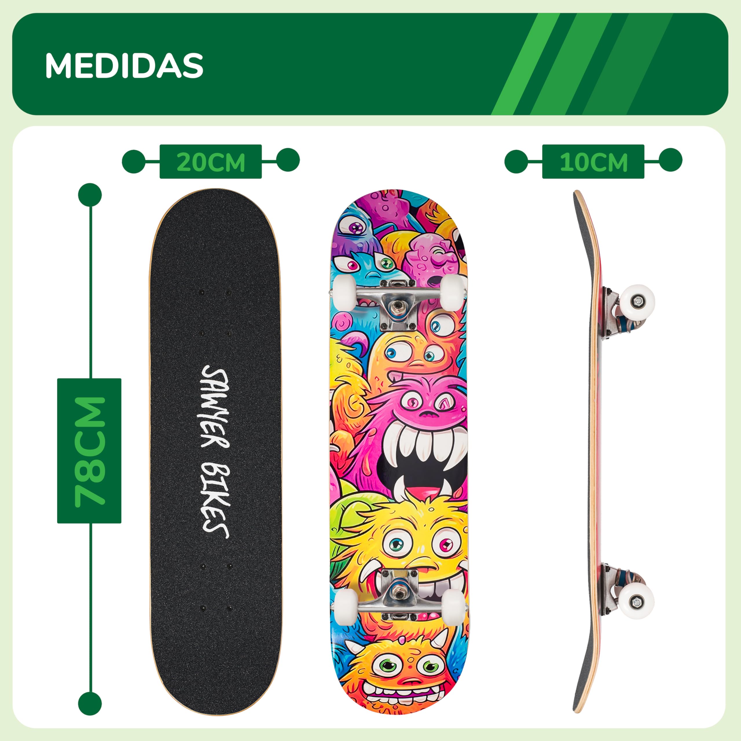 Sawyer Bikes Monopatín Skateboard 78cm x 20cm Niños Adolescentes