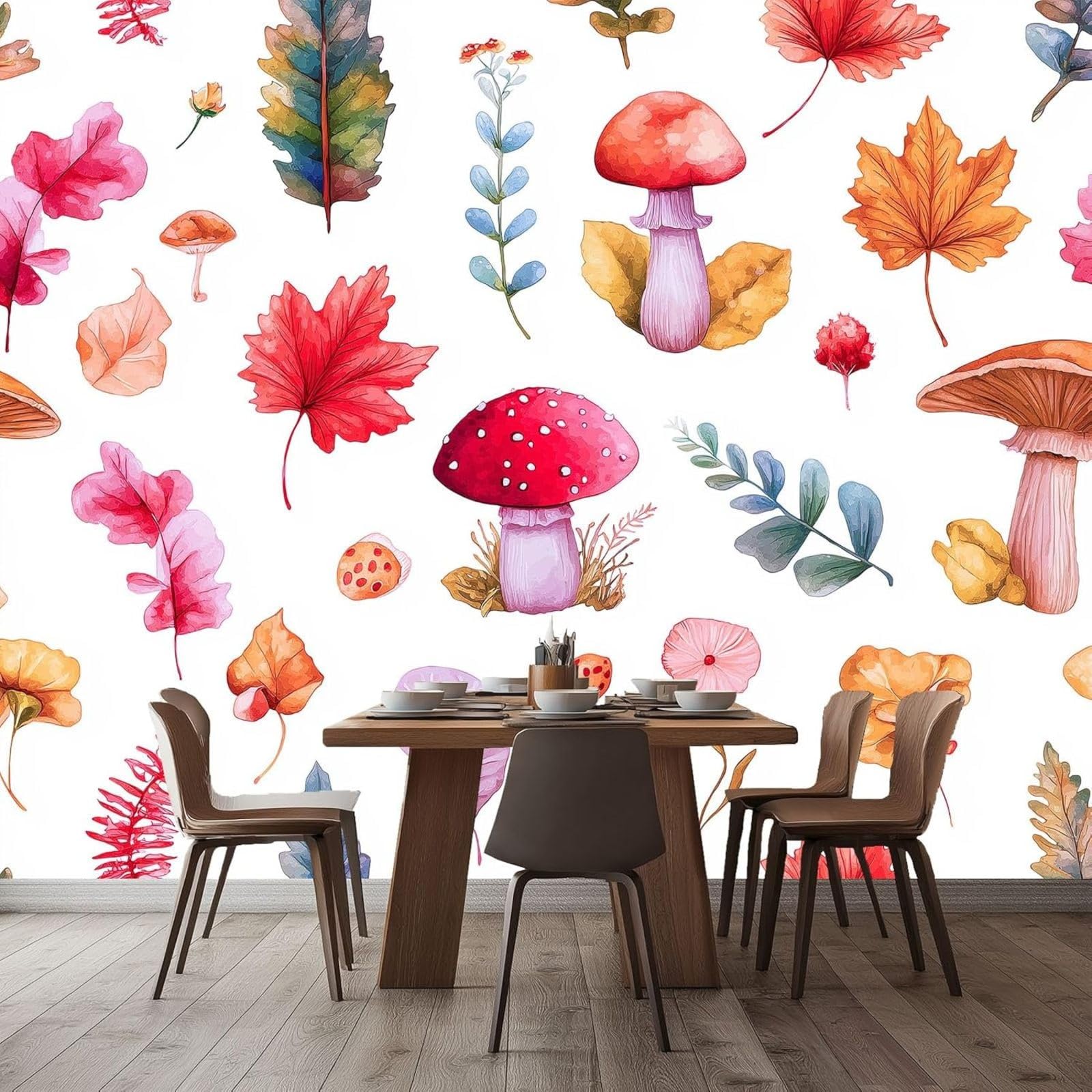 3D Effect Photo Wallpaper Watercolor Flowers Leaves Mushrooms, White Wall Mural Non-woven Wall for Living Room Bedroom Children's Room TV Background Modern Wall Decoration, 400cm x 280cm Stickers - Fr