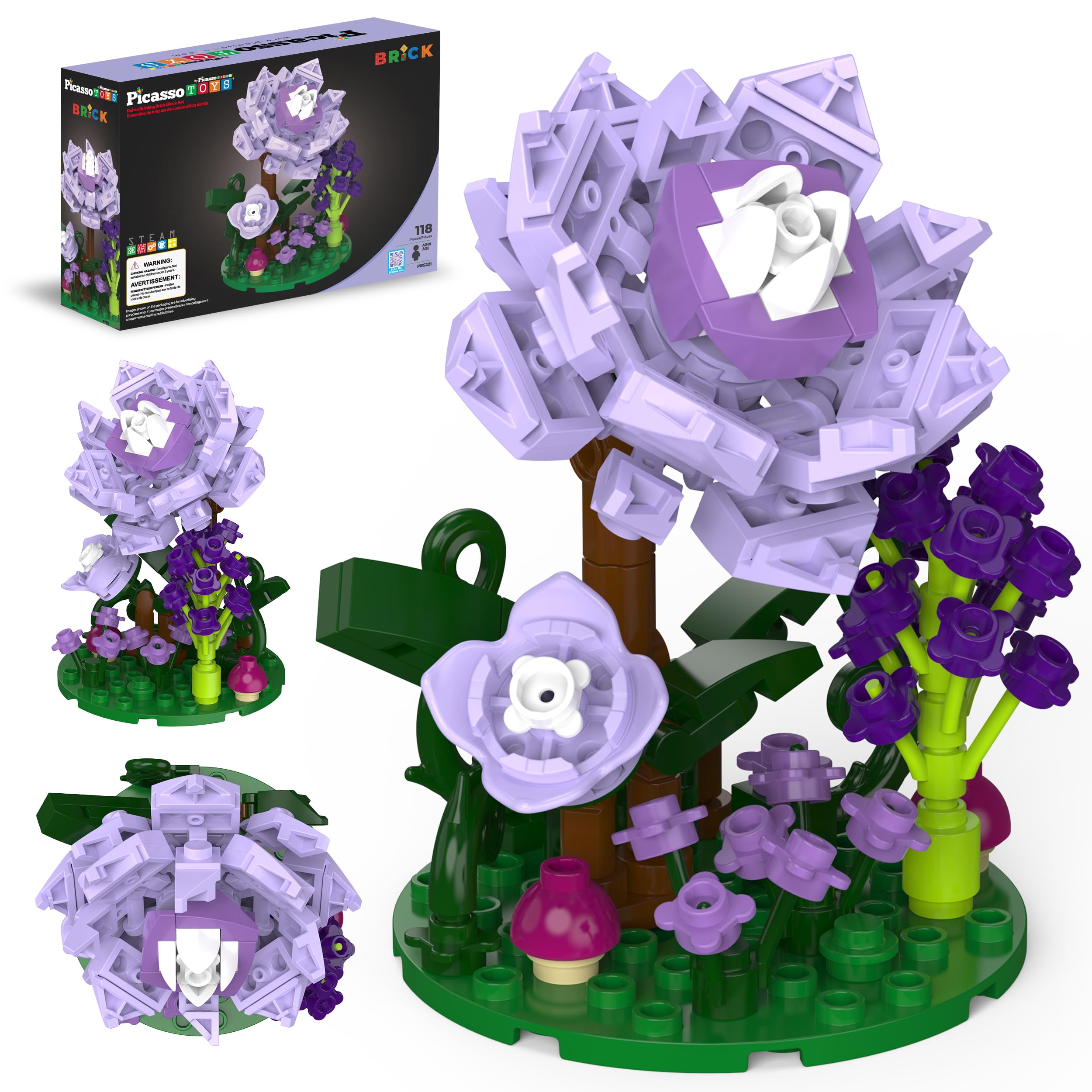 PicassoTiles 118pc Flower Garden Building Block Set STEM Educational Toy Kids Ages 3 and Up Creative DIY Floral Arrangement Construction Kit for Boys Girls Fun Learning Purple Dahlia Playset PBS221