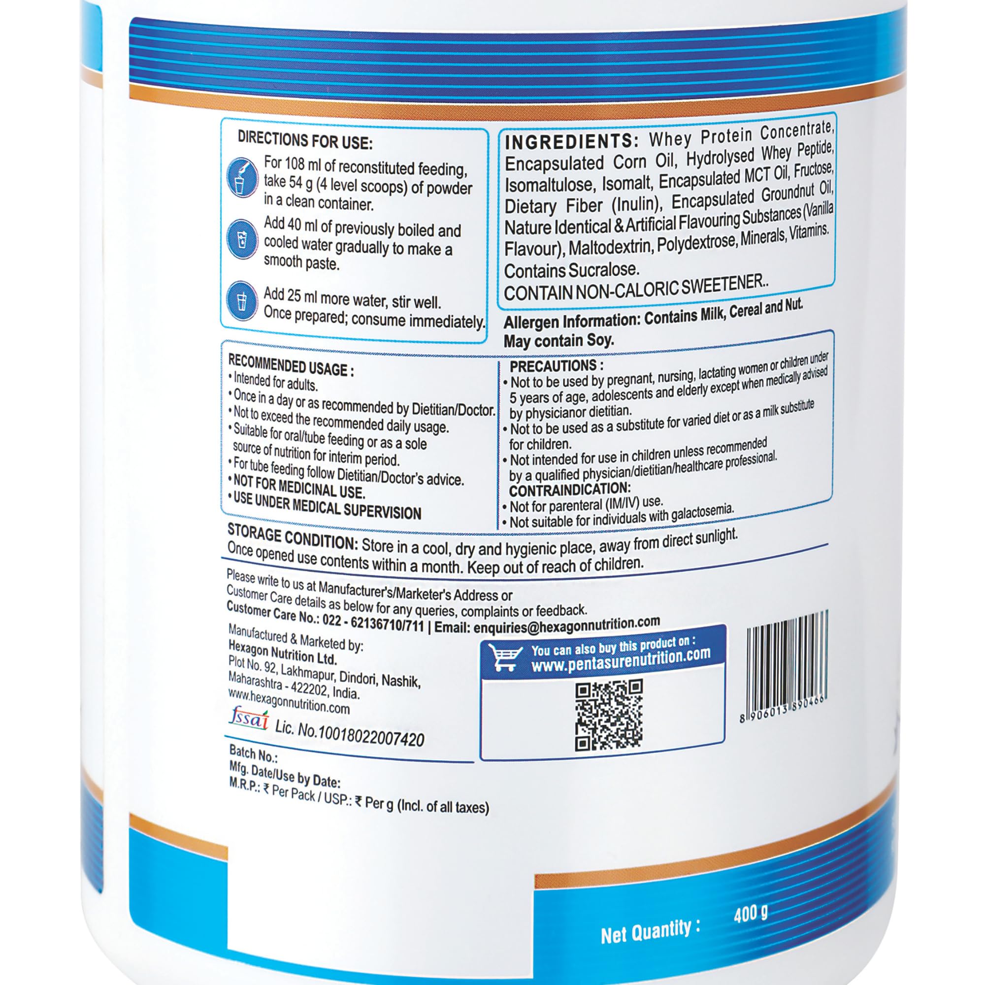 PentaSure 2.0 High Protein High Calorie | Lean Mass Gainer Powder | Weight Gain Supplement with Vitamin & Mineral | Vanilla flavor - 400g | 34.7g Protein per 100g 3