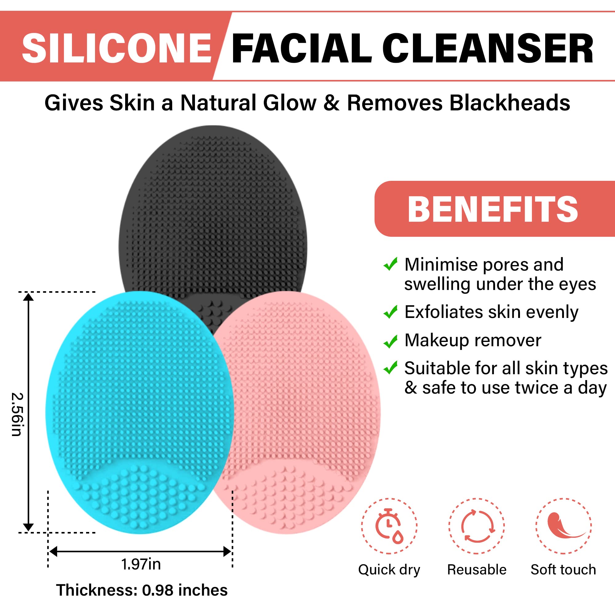 Paquete exfoliante para el cuidado de la piel de 3 en uno: LYOB-Silicone cepillo para el cuerpo y la cara y 3 guantes de fibra de viscosa (azul)