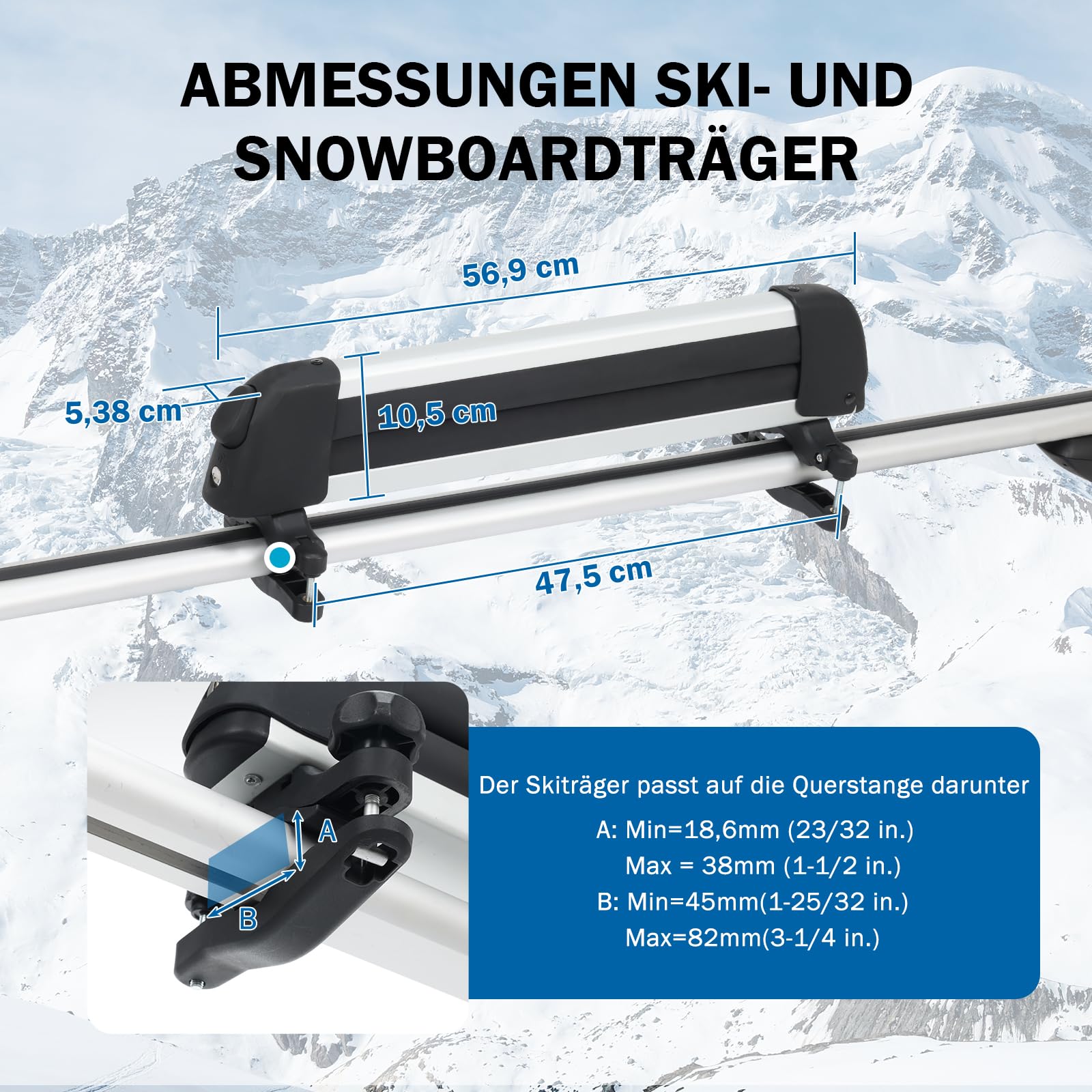 COWVIE Skidachträger fürs Auto, mit TPV-Gummipolsterung und Schloss – für 2 Paar Skier oder Snowboards, inkl. Angelrutenhalter (Silber, 41CM)