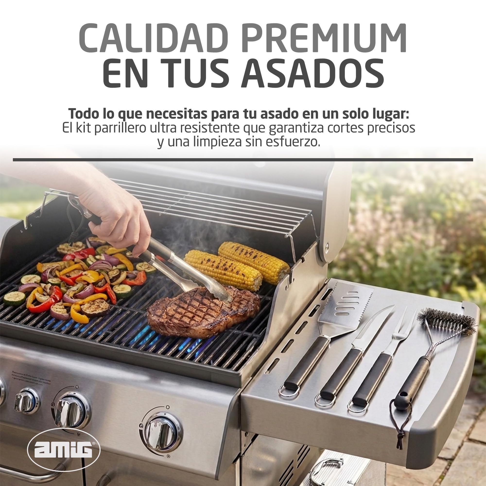 Amig - Maletín de 5 Accesorios para Barbacoa - Acero Inoxidable - Set Completo de Utensilios con Estuche - Accesorios Prácticos y Presentación Cuidada para Regalo - Mod. AM01