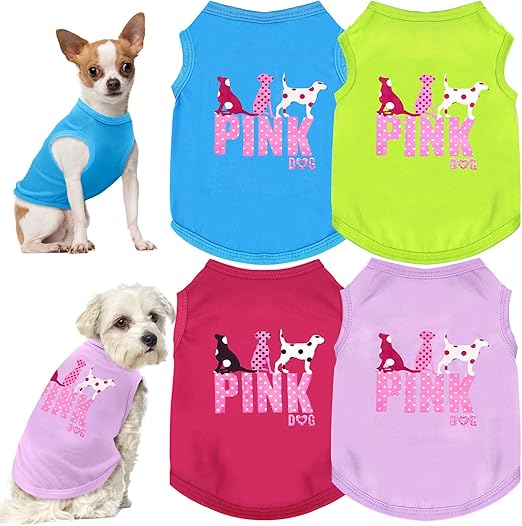 4 Pack Dog Shirt Vest - Soft, Lightweight Puppy Tshirts with Sleeveless Summer Cute Pink Dog Print Design for Small Dogs Cats, Yorkie, Chihuahua, Teacup Clothes for Girls & Boys
