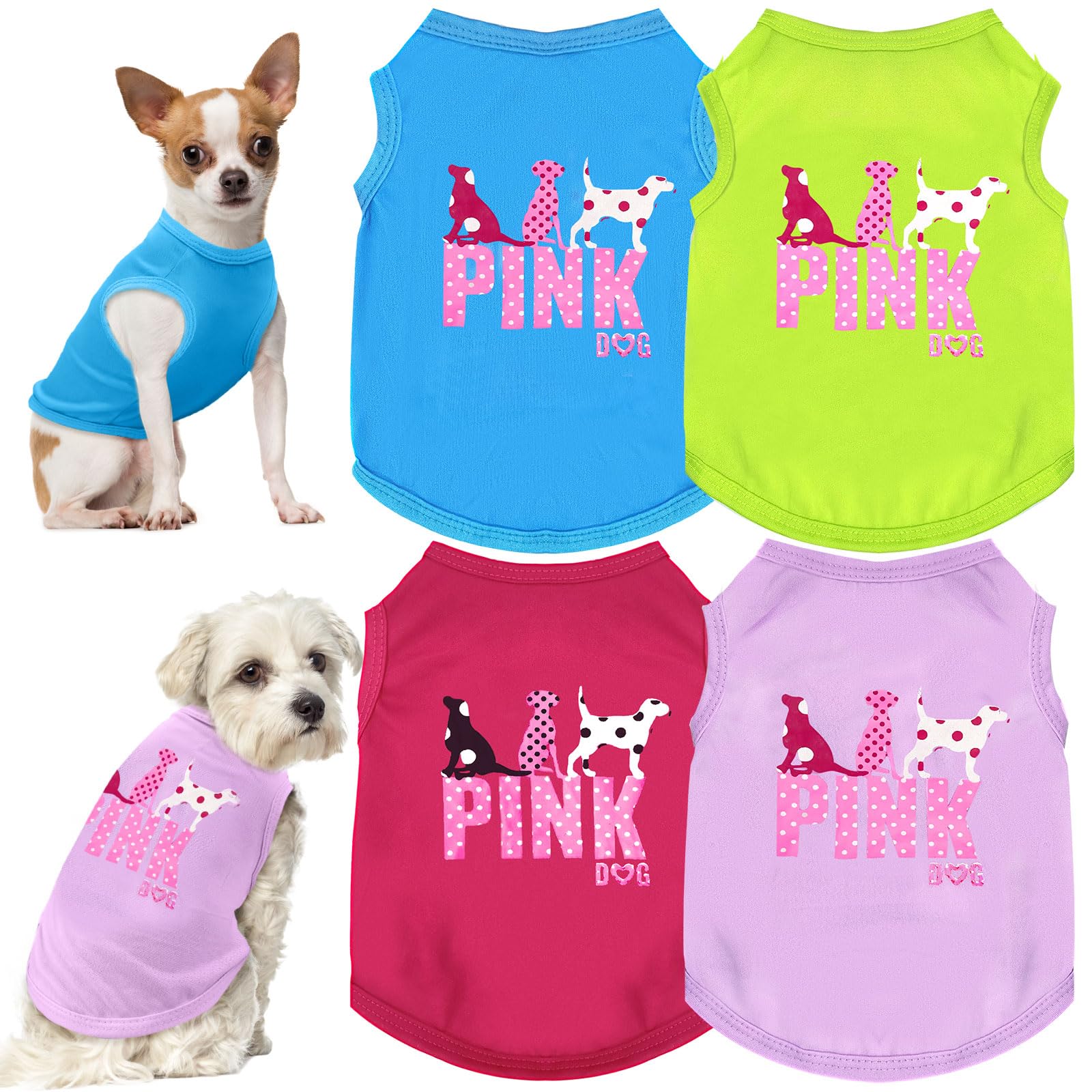 TENGZHI 4 Pack Dog Shirt Vest Soft Lightweight Puppy Tshirt Cute Pink Dog Printed Small Pet Clothes Summer Sleeveless Yorkie Chihuahua Teacup Clothes