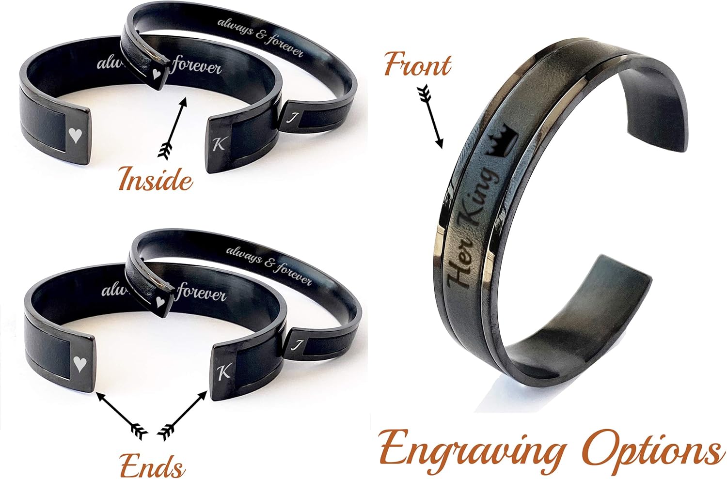 Personalized Matching Couples Cuff Bracelets Third Wedding Anniversary Gift with Leather Inlay His and Her Jewelry Black Tone