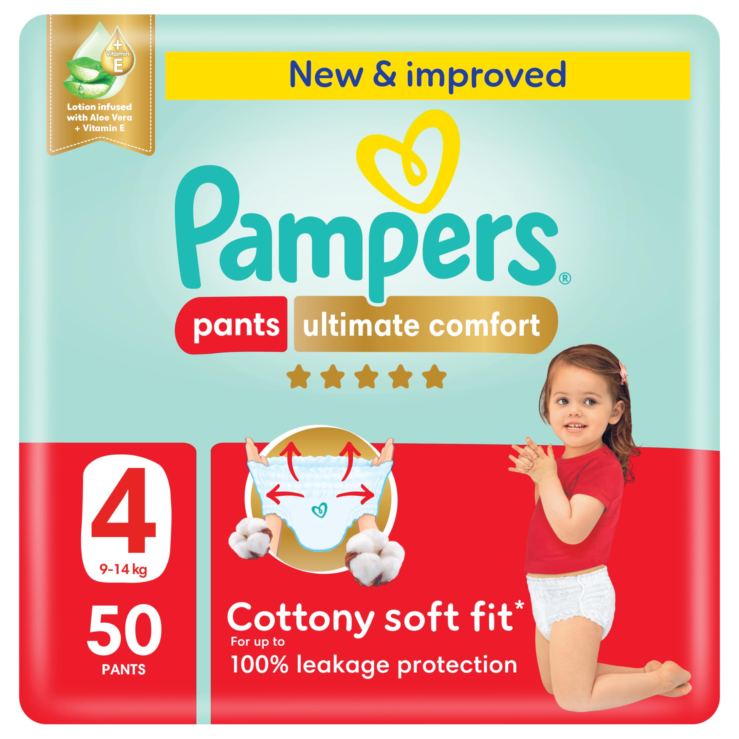 Pampers Ultimate Comfort Pants Diapers, Size 4, 9-14kg, Lotion infused with Aloe Vera and Vitamin E, Cottony Soft Fit for up to 100% Leakage Protection, Super Saving Pack, 50 Count
