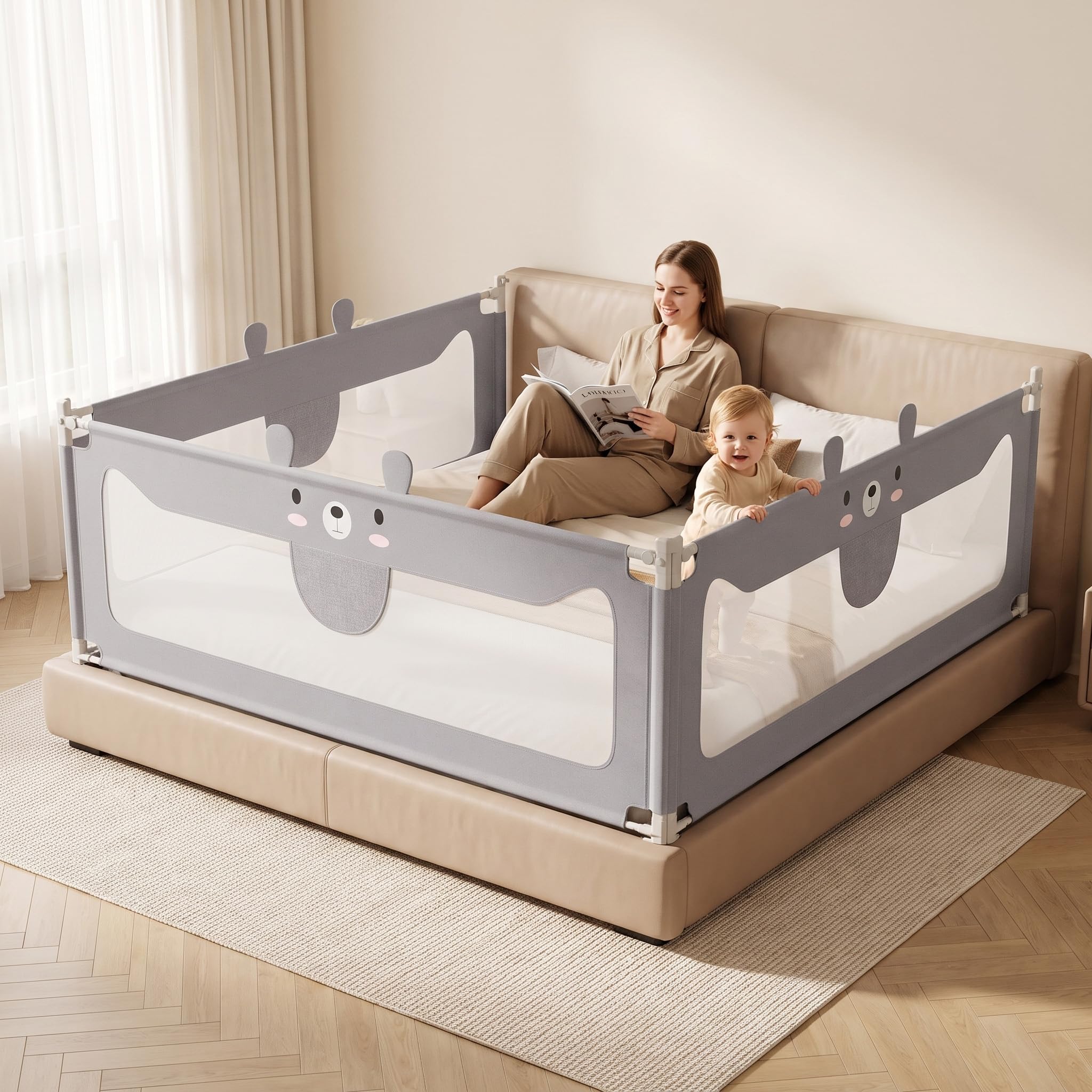 NAIZY Barrera de protección para cama de bebé, contra caídas, 180 cm, ajustable en altura, para todo tipo de colchones, para camas de niños, camas de padres, camas de madera maciza, gris