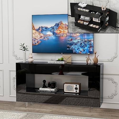 Miniatura 13 de Soporte de TV de alto brillo, centro de entretenimiento moderno con almacenamiento de 2 puertas para televisores de hasta 60 pulgadas, mesa consola