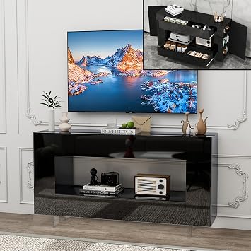 TV Stand Cabinet Up to 65 inch with Conceals Storage, High Gloss, White | TV cabinet with 2 Push-Open doors and 2 drawers, entertainment center, storage cabinet, modern style, living room, office