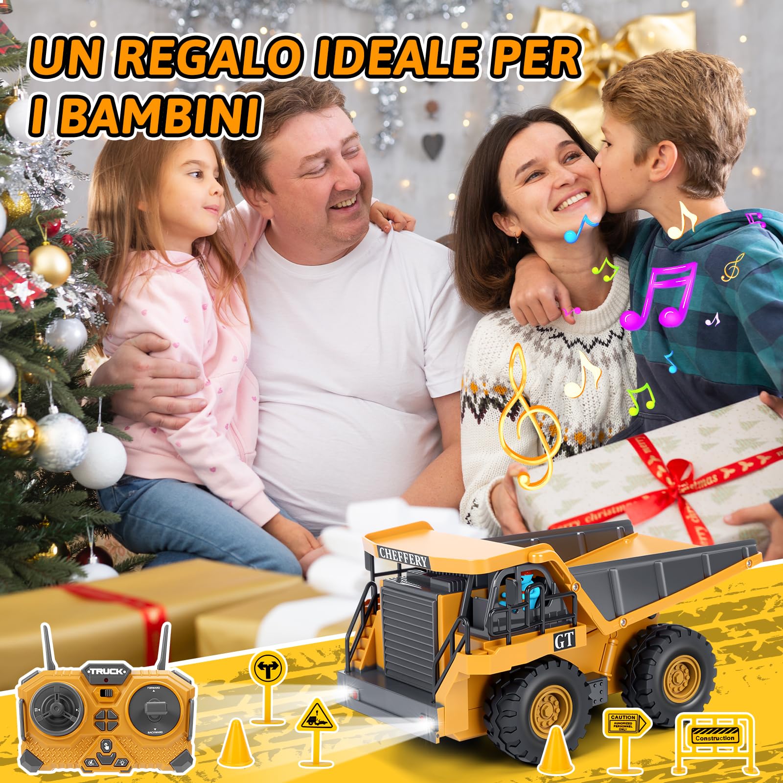 Camion Ribaltabile Telecomandato, 2.4GHz Veicolo da Costruzione RC per Bambini, 9 Canali Camion Radiocomandato con Luci e Suoni, Camion Telecomandato per Ragazzi e Ragazze dai 3 anni