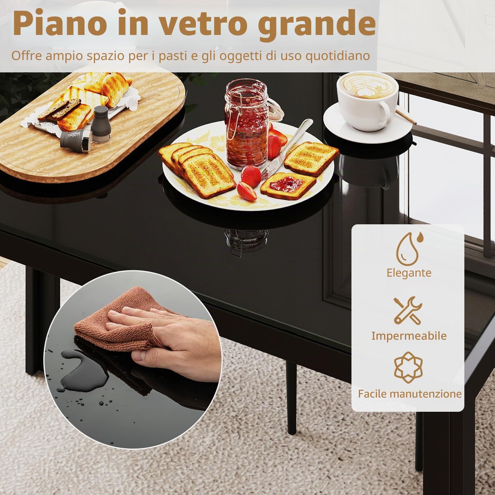 LIFEZEAL Tavolo da pranzo rettangolare 120 x 70 x 75 cm, piano in vetro temperato con gambe metalliche resistenti, capacità 90 kg, stile moderno per cucina e sala da pranzo, nero