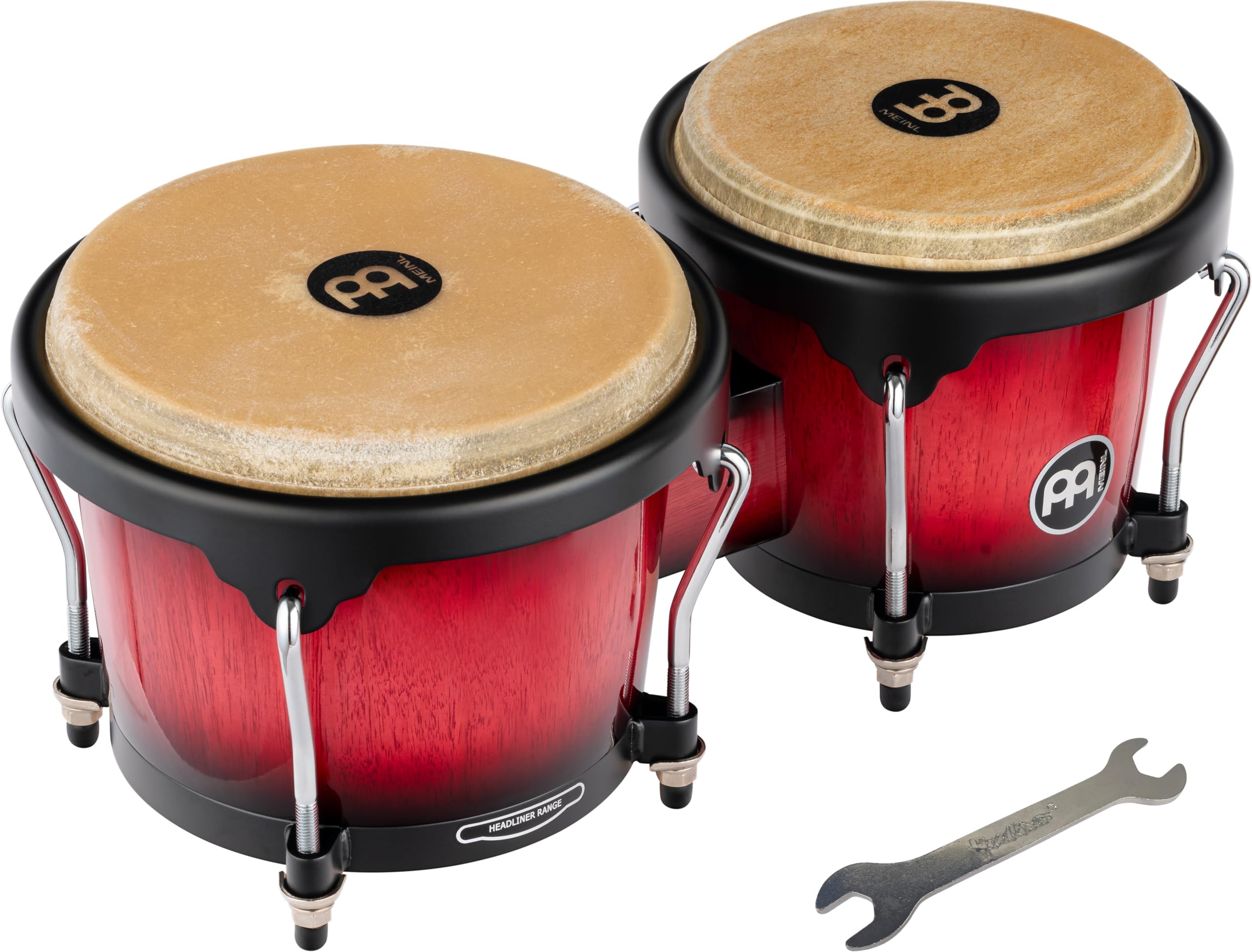Meinl Percussion Bongos Headliner Wood - deux hand drums de 6,75 et 8 pouces - avec clé d'accord - chêne du Siam, Rouge (HB100WRB)