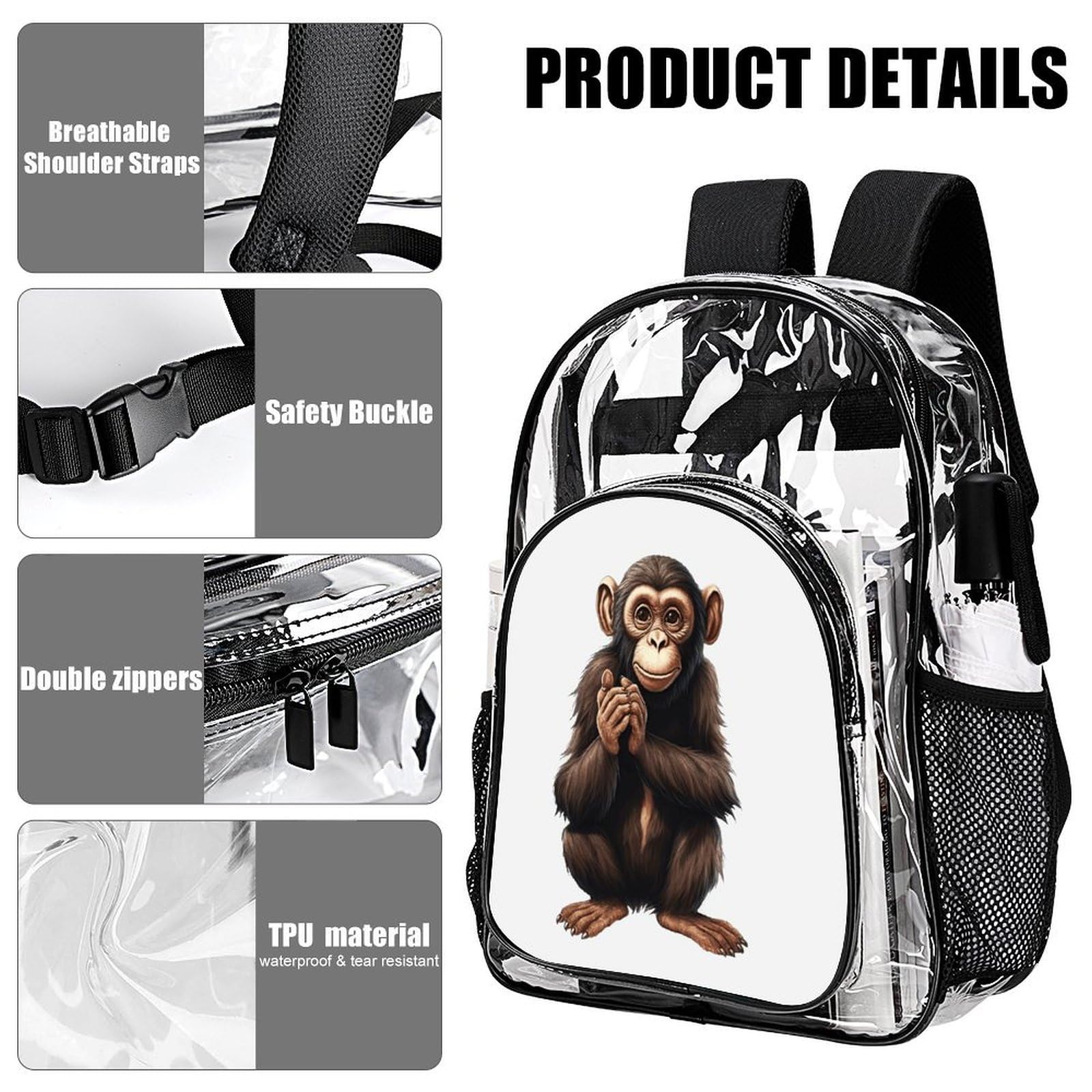 Sitting Monkey Transparenter Rucksack, groß, transparent, PVC, Büchertasche für Sicherheit, Arbeit, Reisen, Stadion