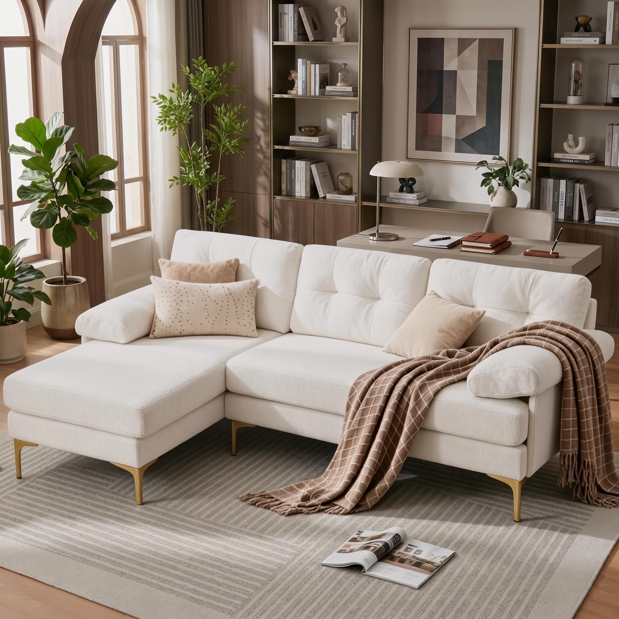 Divano angolare con funzione letto, 187,5 cm, divano a forma di L con funzione letto, divano a 3 posti, funzione reclinabile, tessuto di ciniglia, braccioli imbottiti, per soggiorno, beige