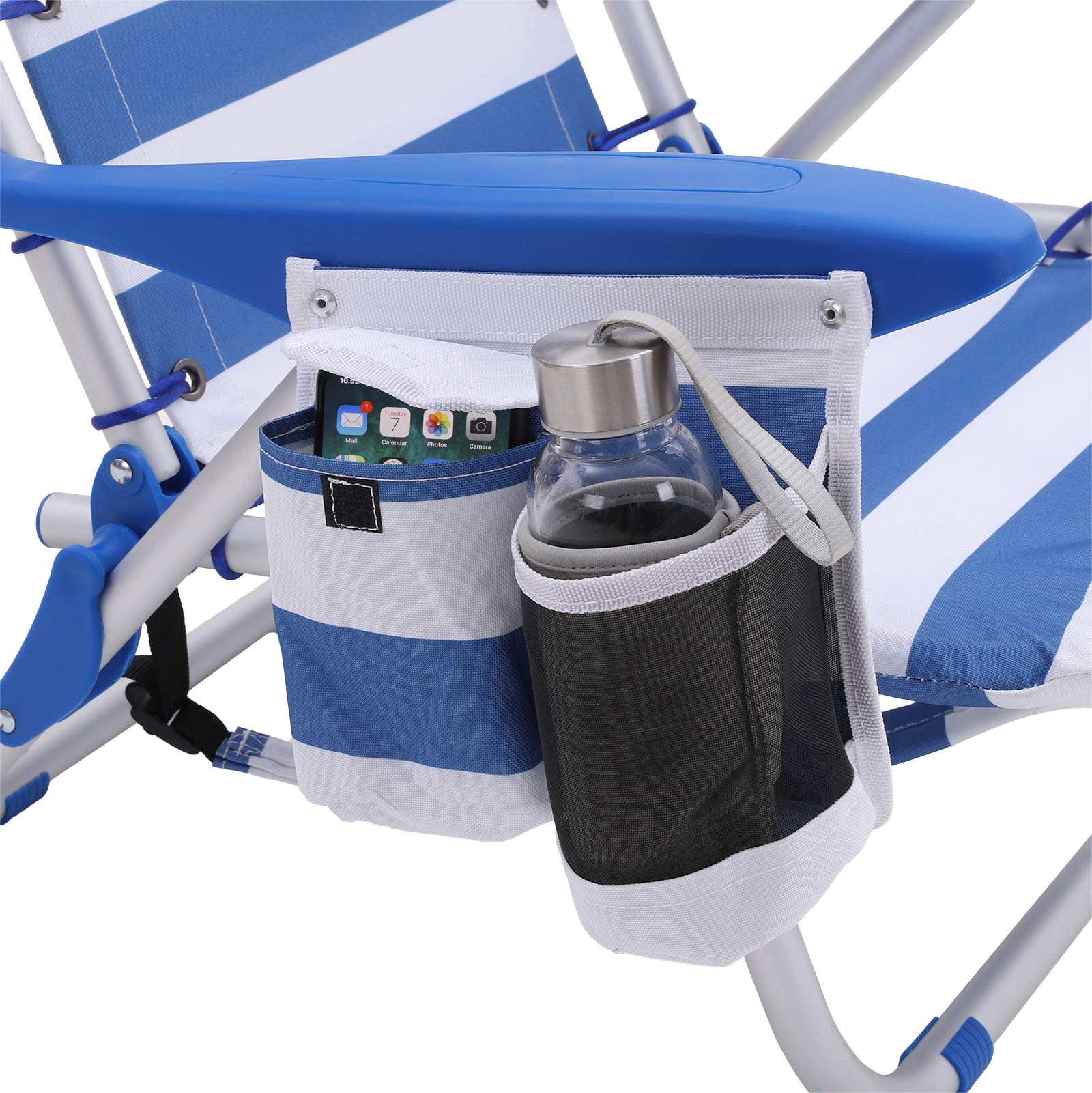 SONGMICS Chaise de Plage Portable, Lot de 2, avec Appui-tête Amovible, Pliable, Chaise de Camping, Dossier Inclinable jusqu'à 180°, avec Porte-Goulet, Pochette, Rayures Bleues et Blanches GCB62BU02
