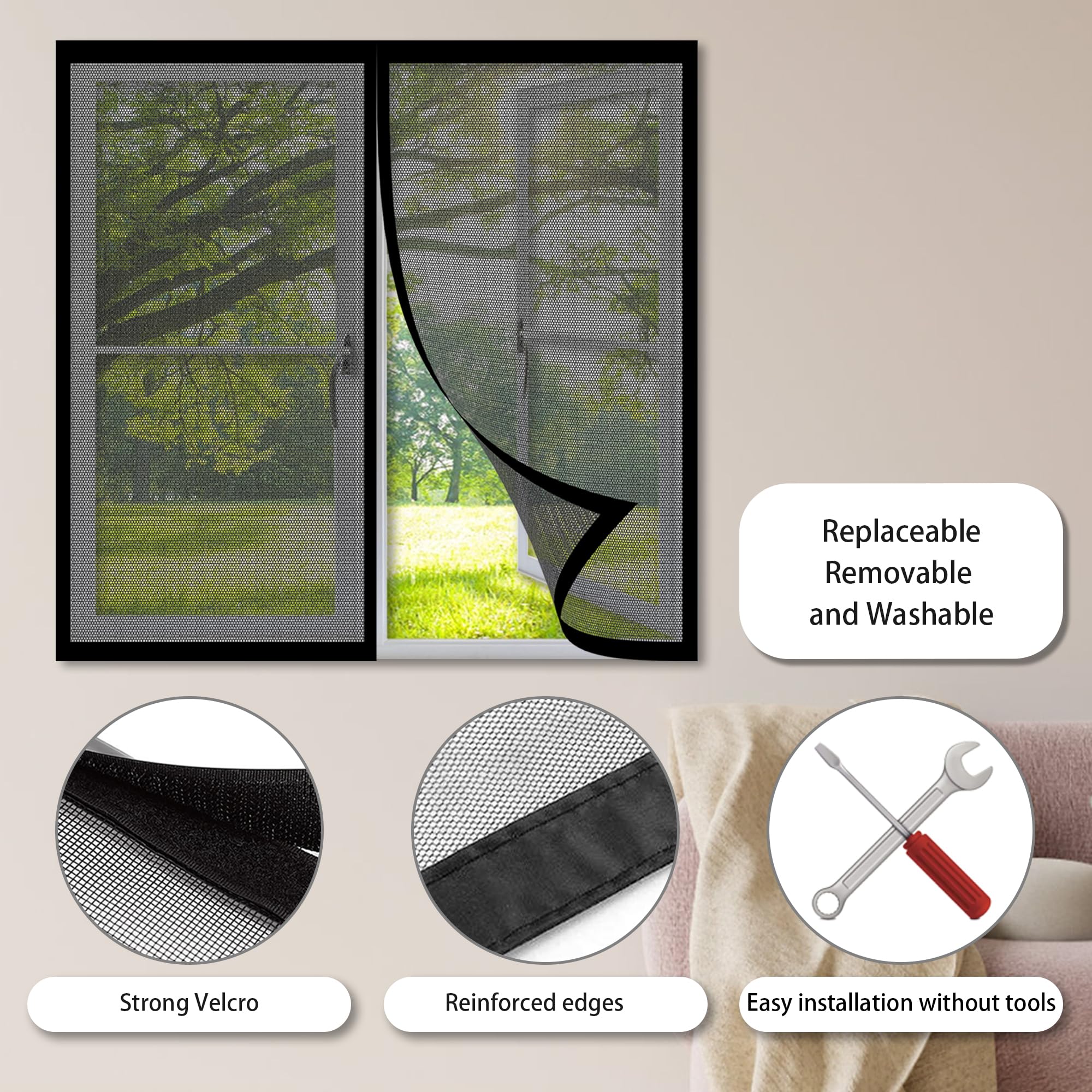 Mosquiteras para Ventanas Enrollables 160 x 176 cm sin Taladrar Antimosquitos para Puerta Ventana Cierre Magnético Automático para La Mayoría de Los Tipos de Ventanas, Negro