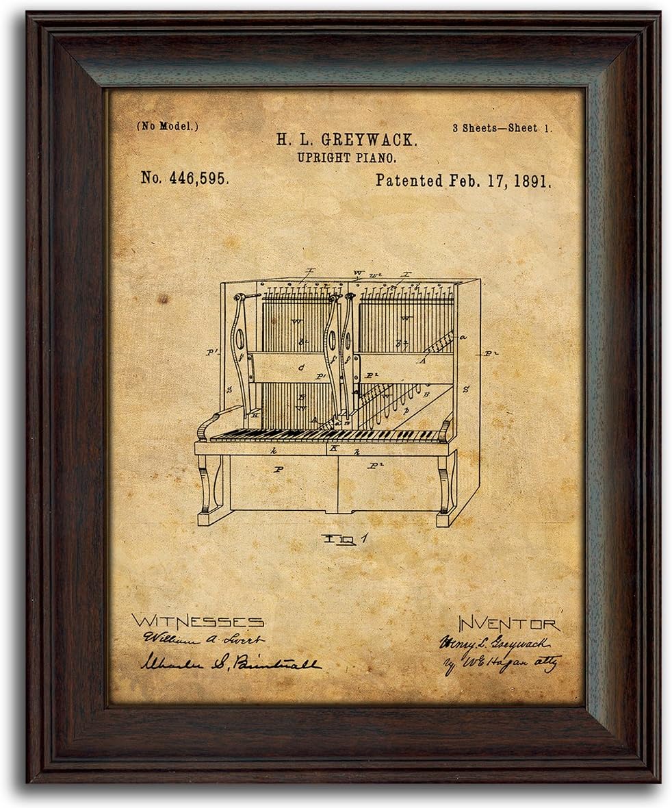 Upright and Grand Pianos - 2 pc Framed Modern Patent Set 14"x17" ea