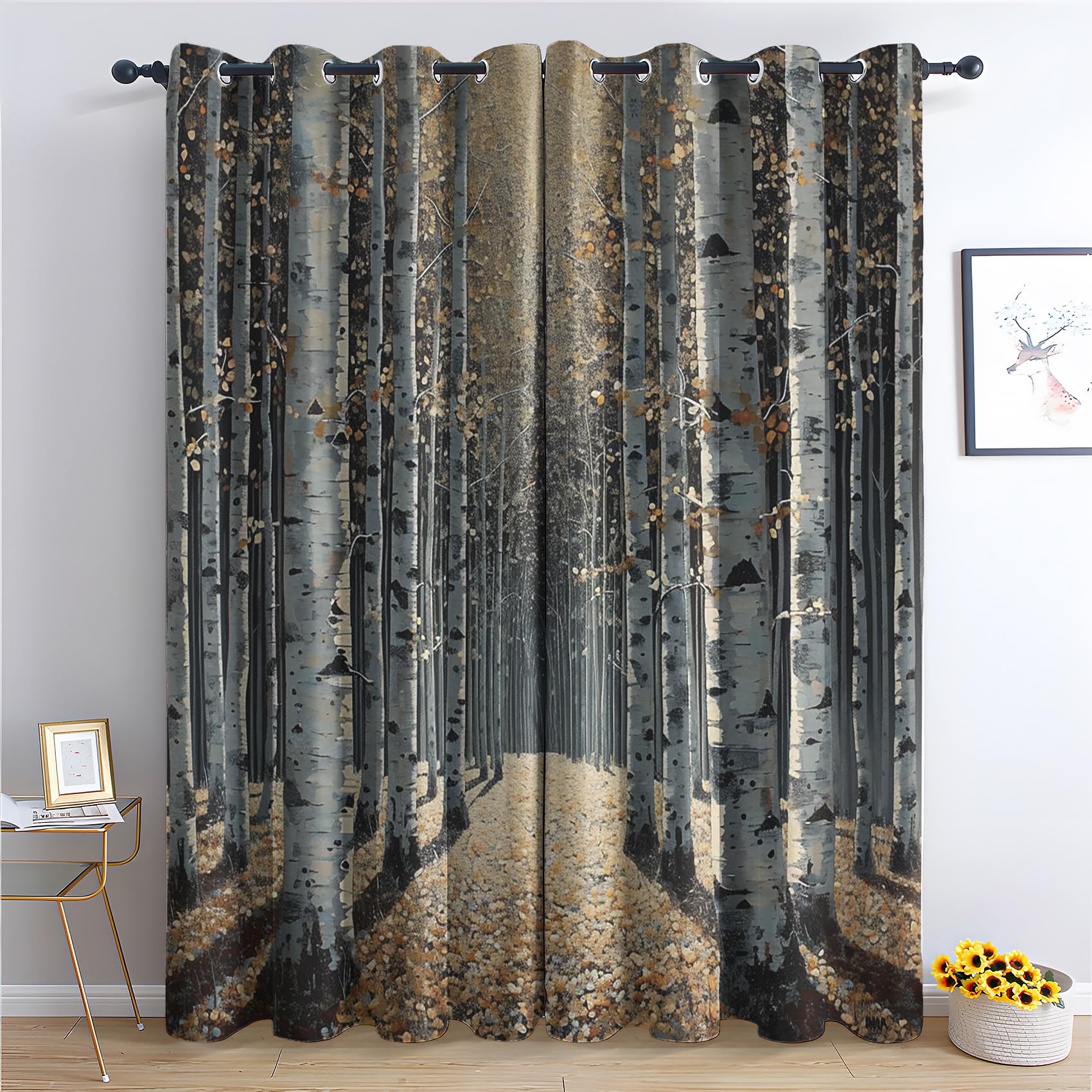 Birch Tree Curtains for Bedroom Living Room - Forest Landscape Blackout Curtains 46 x 54 Inch (Width x Drop), Thermal Insulated Eyelet Curtains & Drapes, Decorative Patterned Window Treatments Q-#464