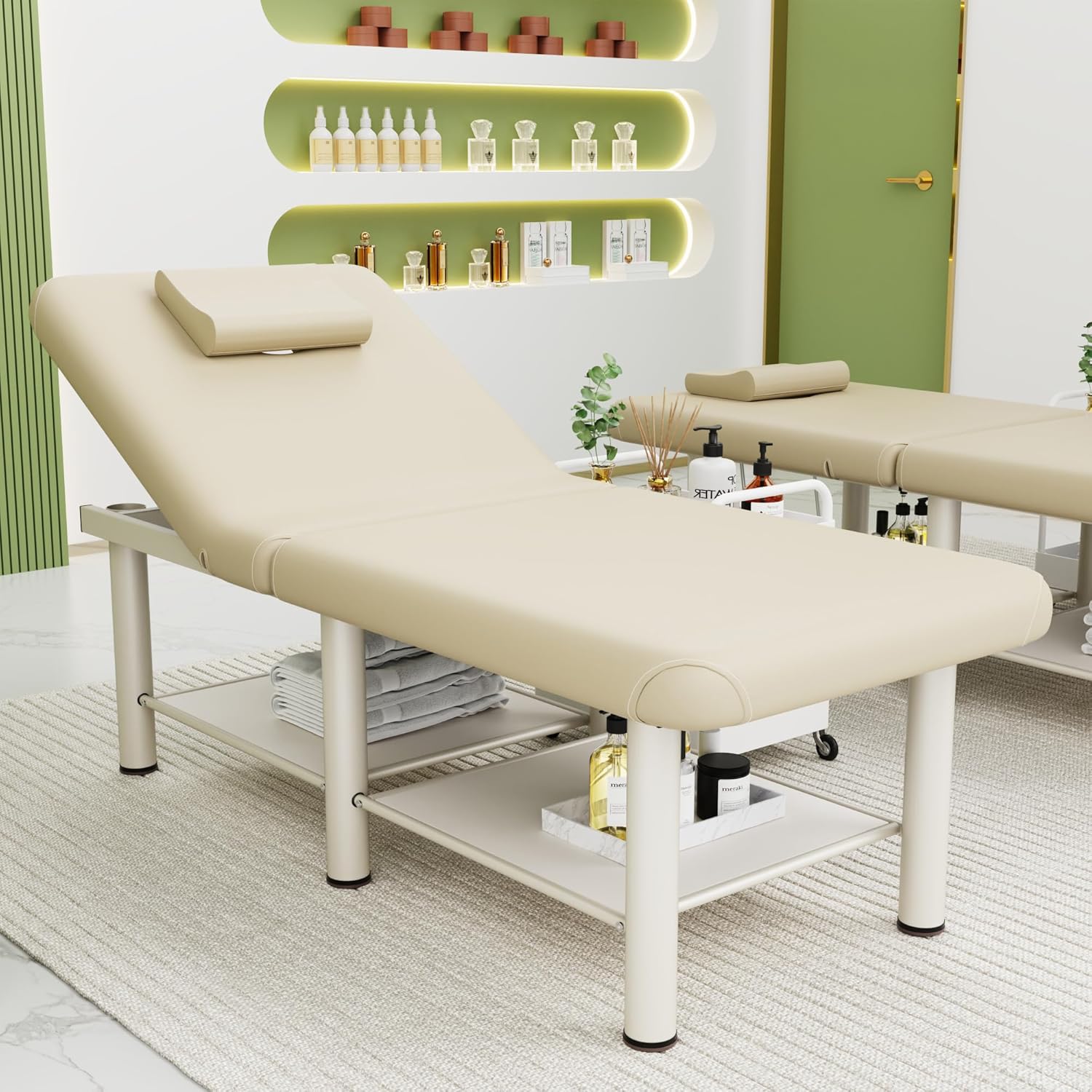 pouseayar 30.5'' Wide × 75'' Long Stationary Massage Table Folding Bed with Backrest for Treatment Table Physical Therapy Table Spa Facial Bed, Metal Frame PU Leather - Beige Gray