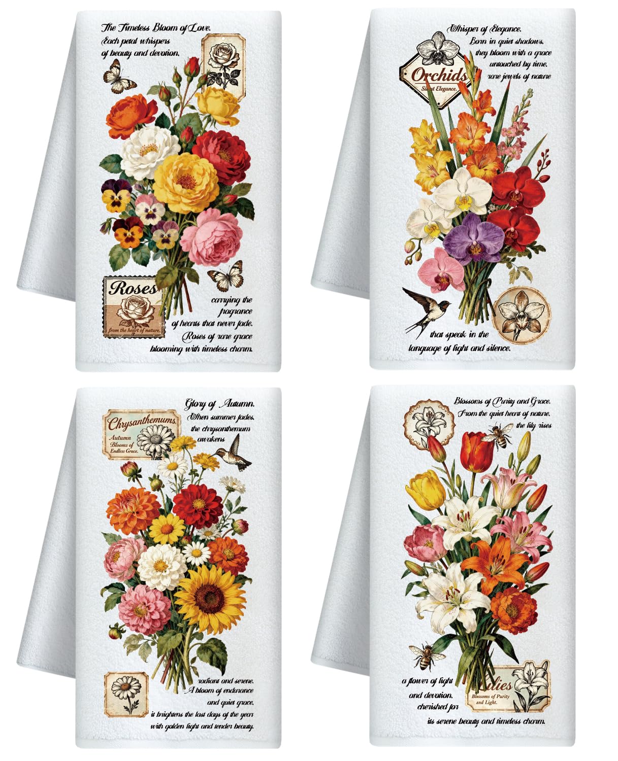 CUTHOLLOW 4Pcs Vintage Floral Kitchen Towels Cute Tea Towels
