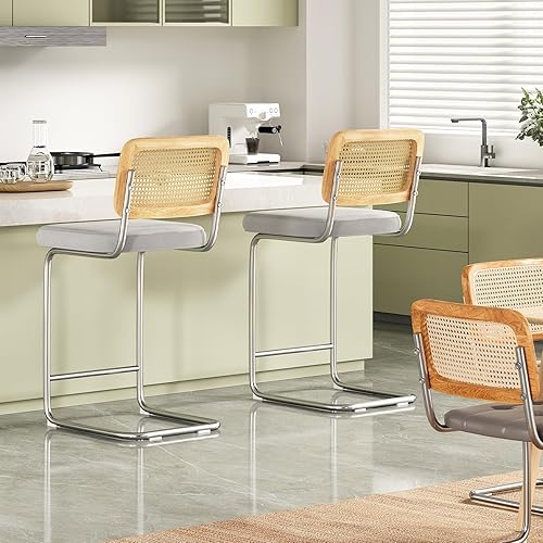 Miniatura 8 de Farini Juego de 2 taburetes de bar de altura de mostrador, taburetes de bar tapizados de terciopelo con respaldo de ratán, taburetes de 26 pulgadas,