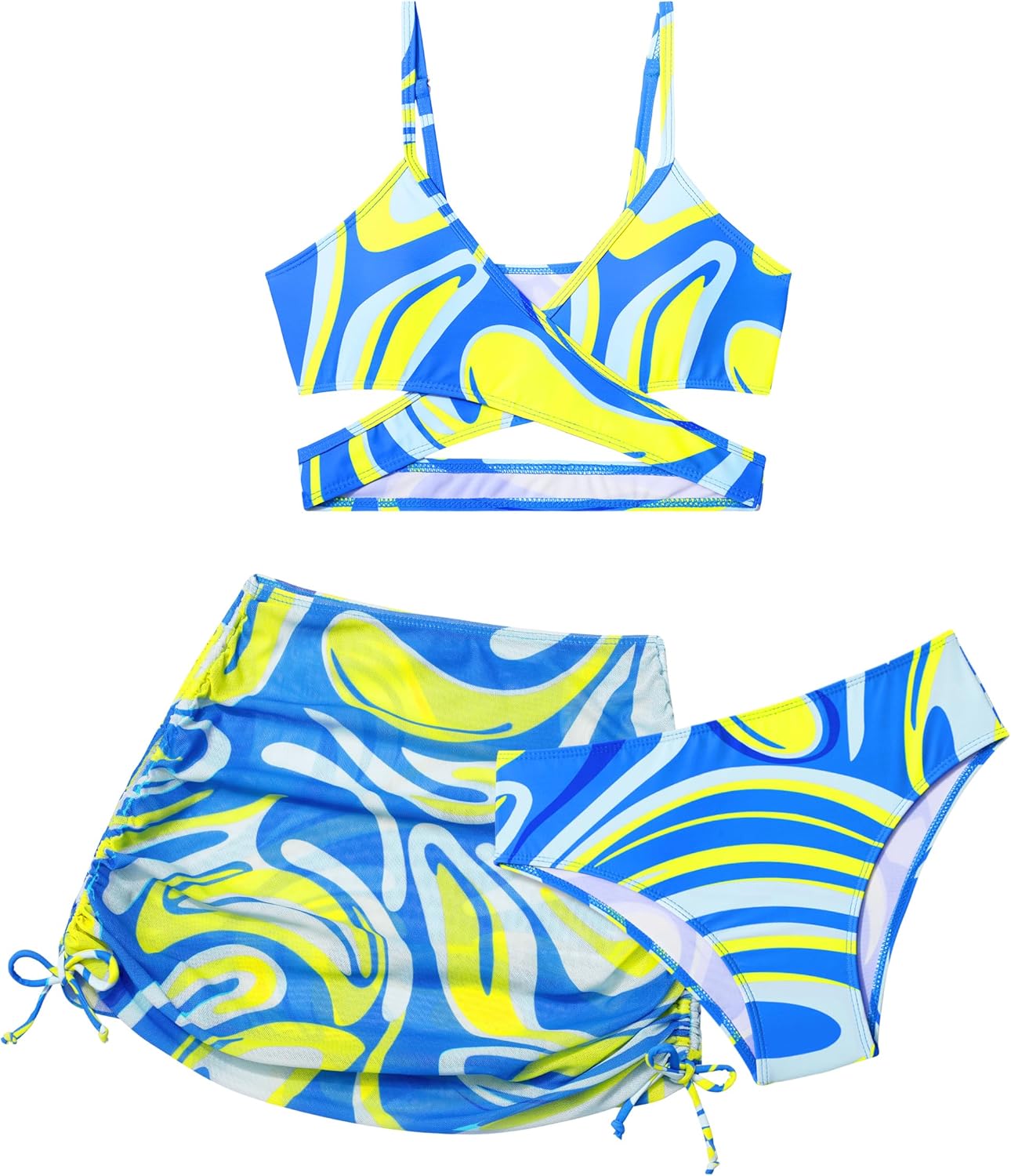 Girls Swimsuits 3 Piece Bathing Suit Allover Printed Criss Cross Bikini Set with Cover Up Skirt Beach Swimwear 7-14 Years