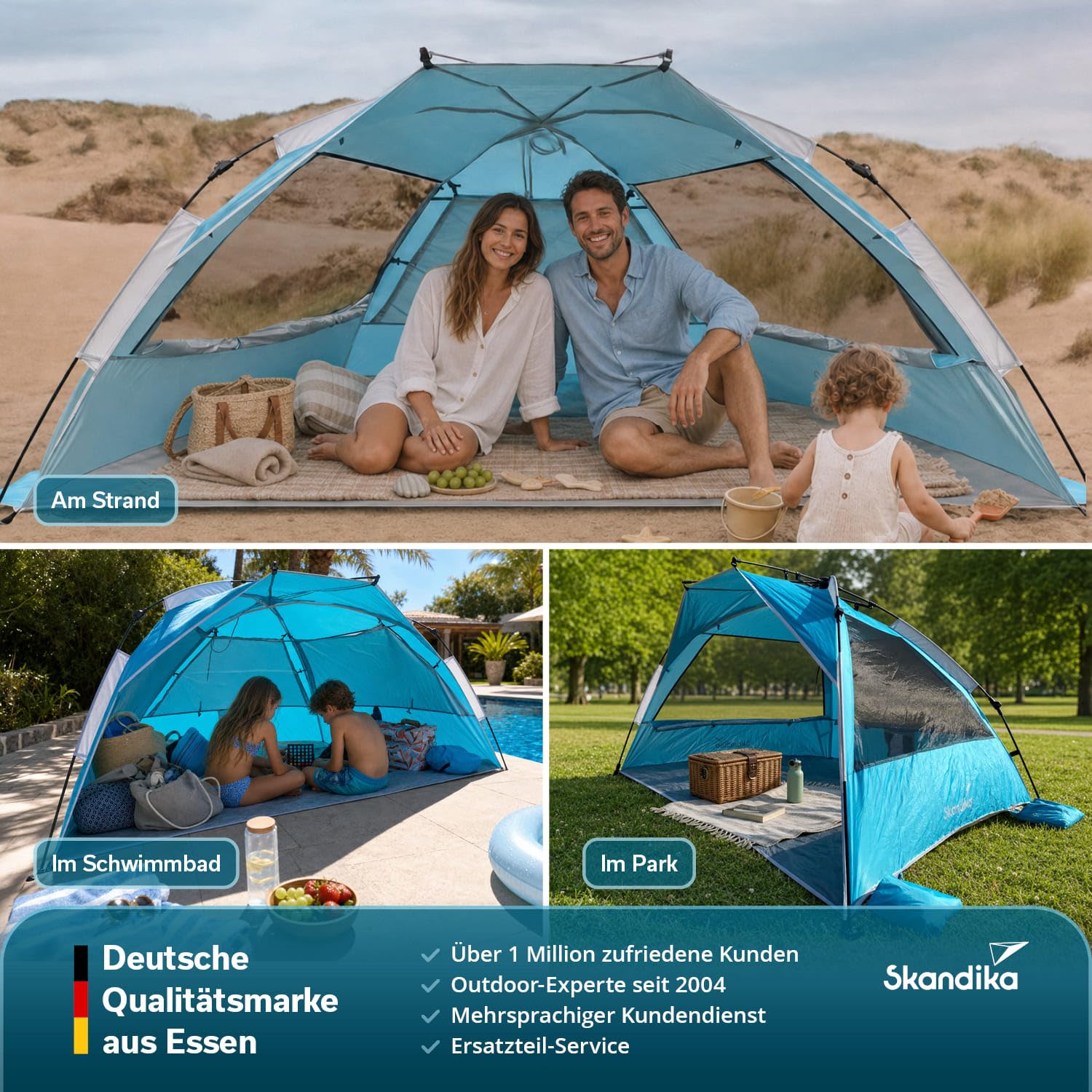 Skandika Strandmuschel Skal Quick-Start Strandzelt UV-Schutz 80+ 360° Mesh-Panoramafenster Windschutz Sonnenschutz Sichtschutz Quick-Up Sandheringe