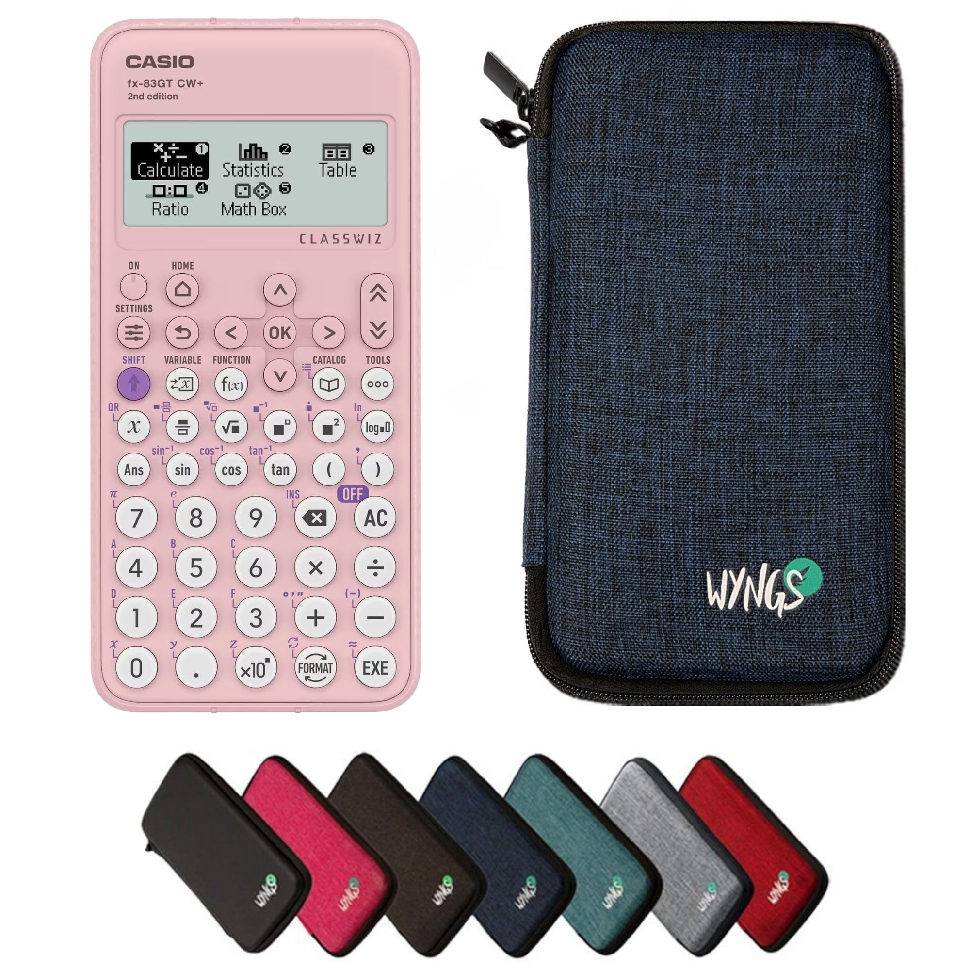 Casio fx-83GTCW+ Pink including a WYNGS protective case in Blue - Basic Set