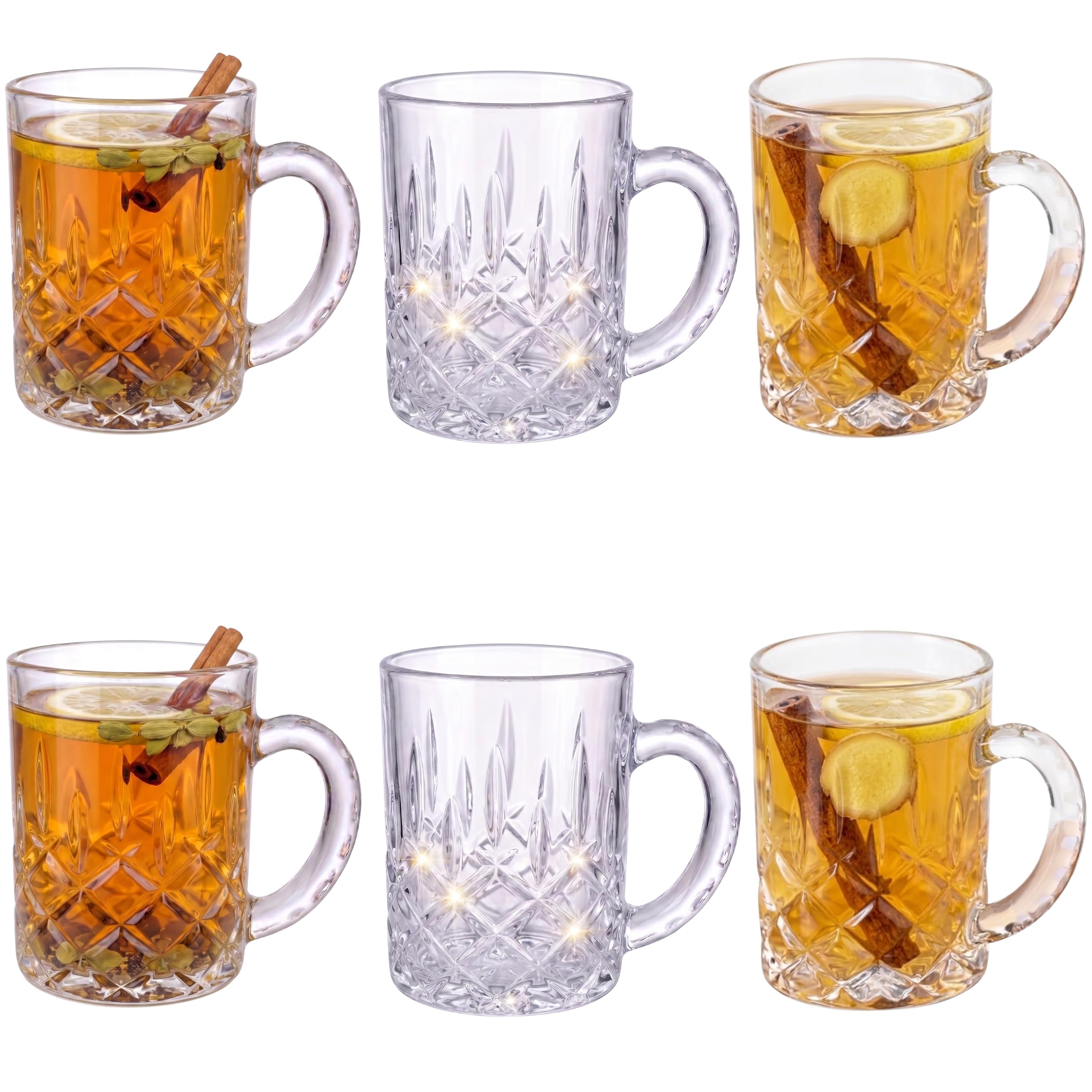 Royal Cuisine Crystal Cut Turkish Tea Cups with Handle, 280ml, 6 Pieces