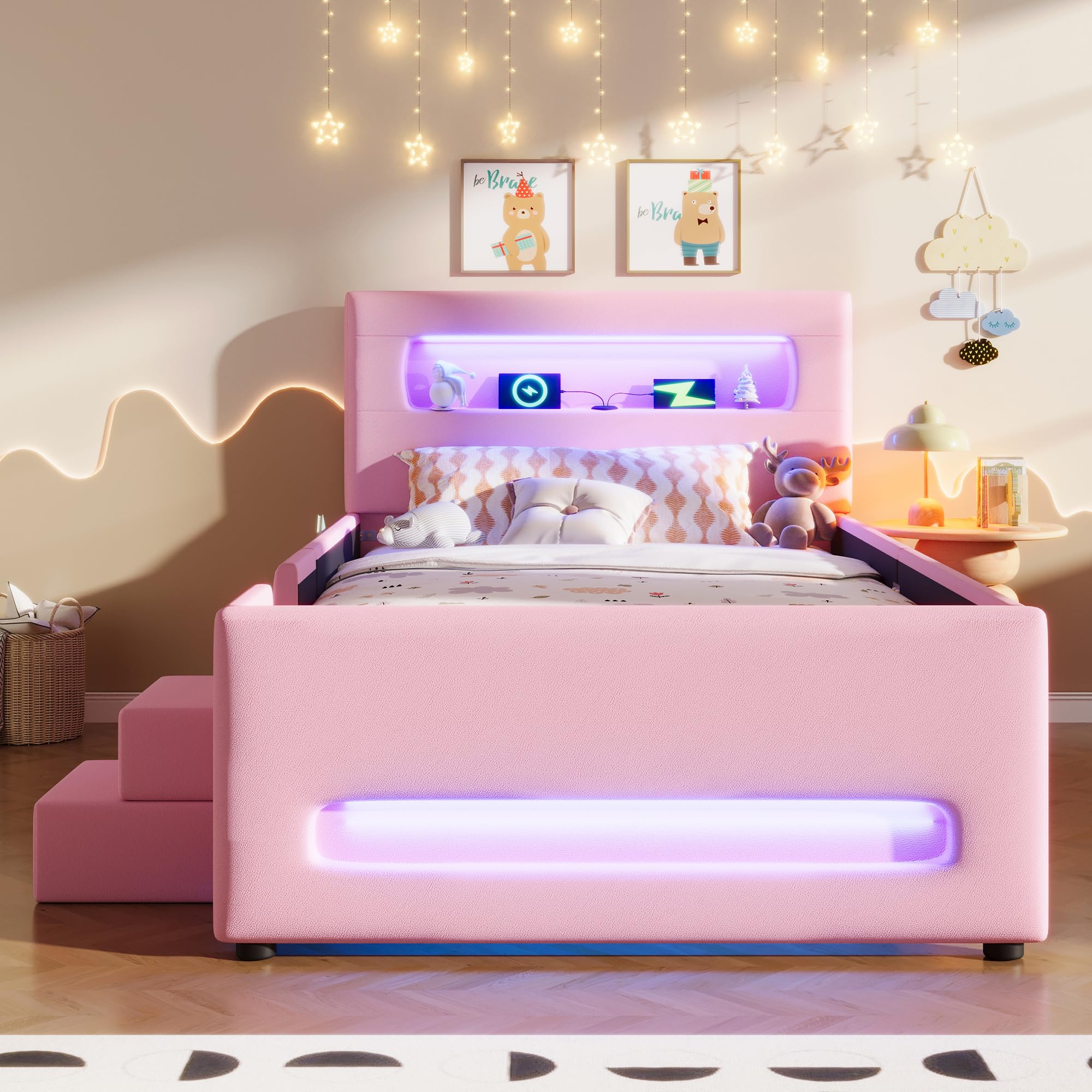 Letto a piattaforma imbottito (90 x 200 cm) con scale, cassetti, strisce luminose a LED e tasche portaoggetti (rosa)