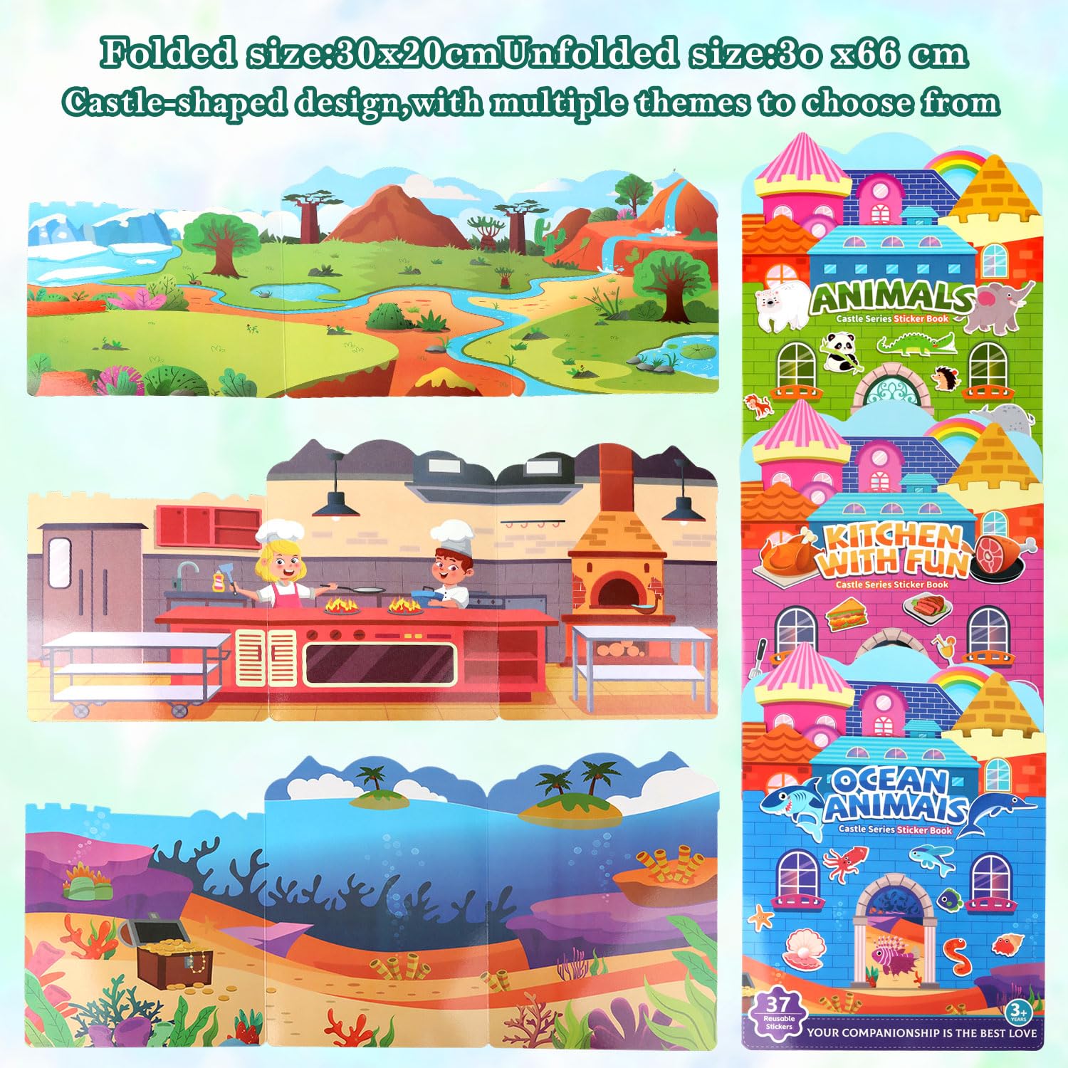 MOTIBACK 3 Pack Reusable Castle Sticker Books with Jelly Material for Kids Cute Waterproof Animal - Image 2