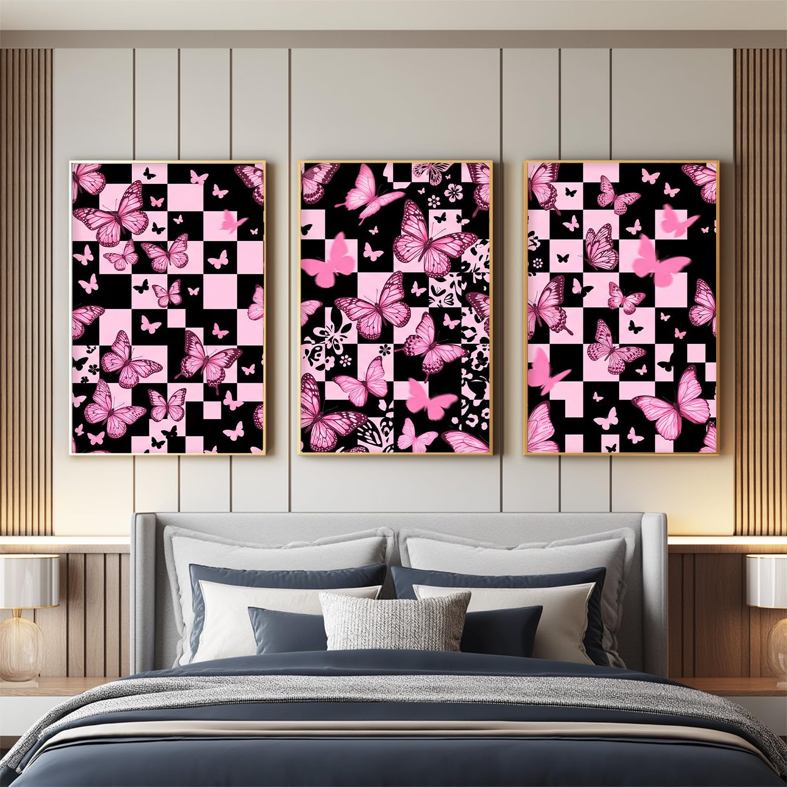 Generisch Juego de 3 pósteres Y2K a cuadros, cuadros negros y rosados, mariposas en negro, para salón, dormitorio, comedor, arte de pared, sin marco, lienzo (40 x 60 cm)