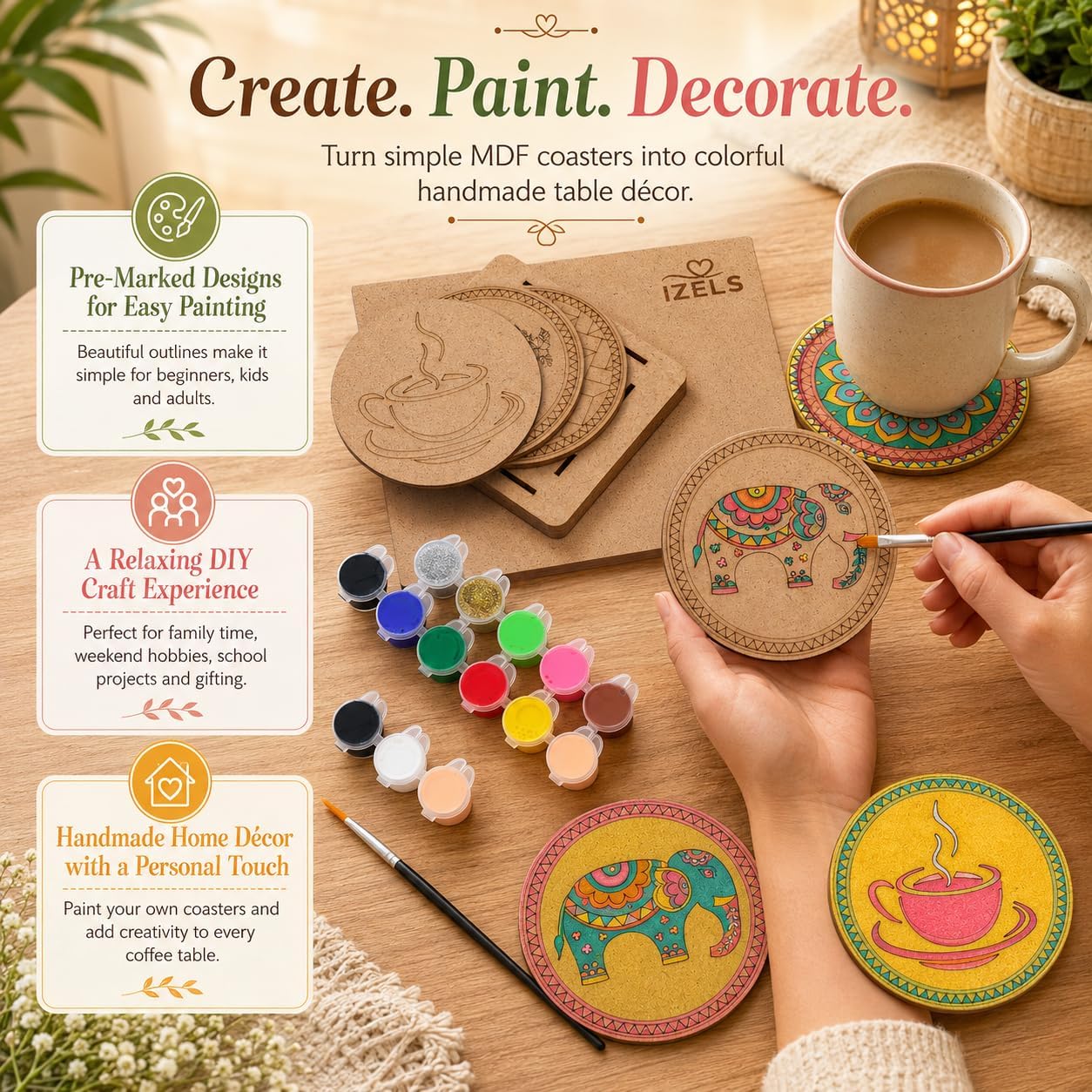 Izels DIY Coaster Painting Kit for Adults & Kids, Set of 6 Pre-Marked 4x4 Inch MDF Mandala Coasters with Stand, DIY Art & Craft Kit for Home Décor, Painting Activity, Handmade Gifts, Nature & Culture image 2