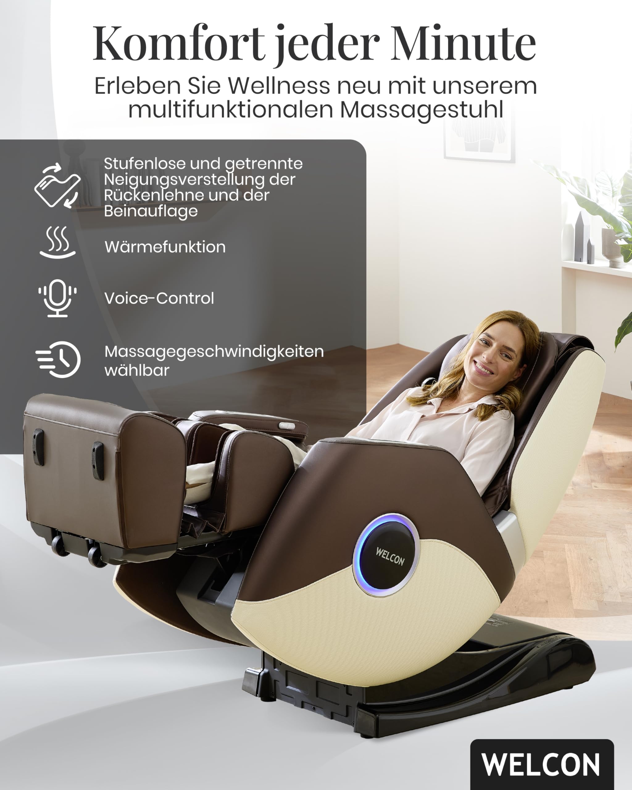 WELCON EASYRELAXX Plus 4D Massagesessel elektrisch Beige-Braun – Zero Gravity Relaxsessel mit Wärmefunktion, induktivem Laden & Ganzkörpermassage