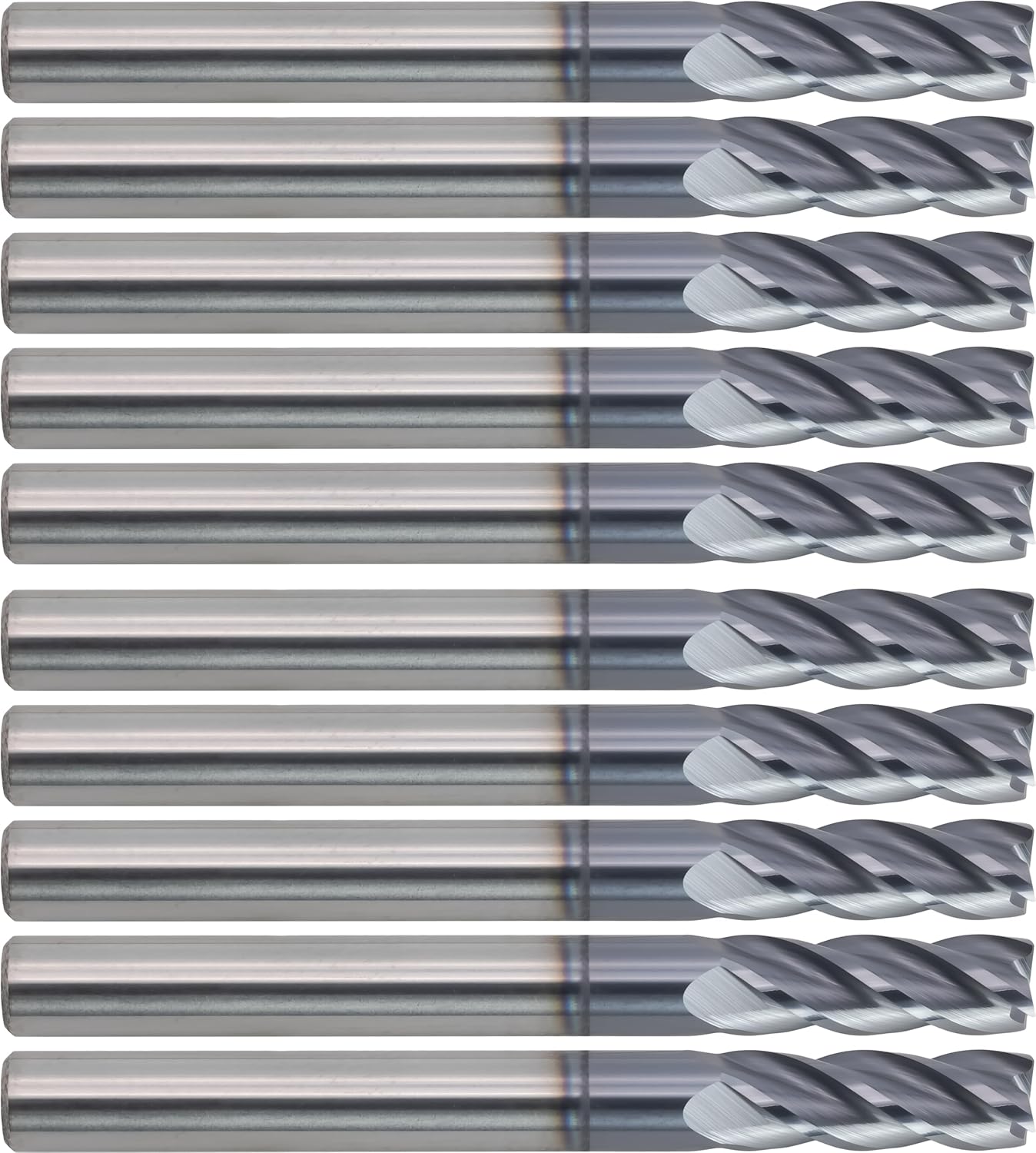 10 pcs Solid Carbide End Mills, Square Nose, TiAlN Coated, 1/4 Mill Diameter, 3/4 Length of Cut, 2 1/2 Overall Length, 4 Flute, Center Cutting